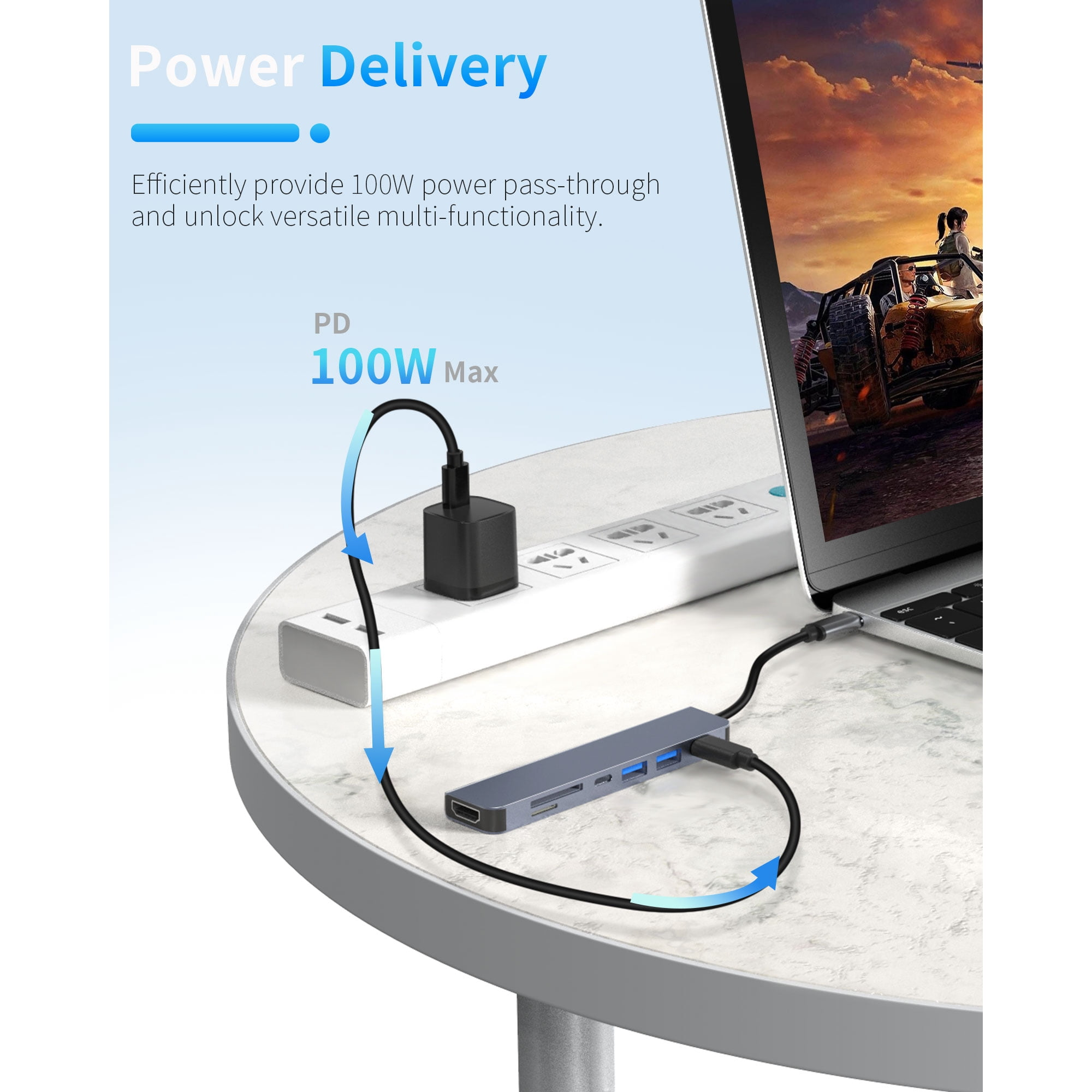 Ein Laptop, der mit einem Hub verbunden ist, der an eine Steckdosenleiste angeschlossen ist.