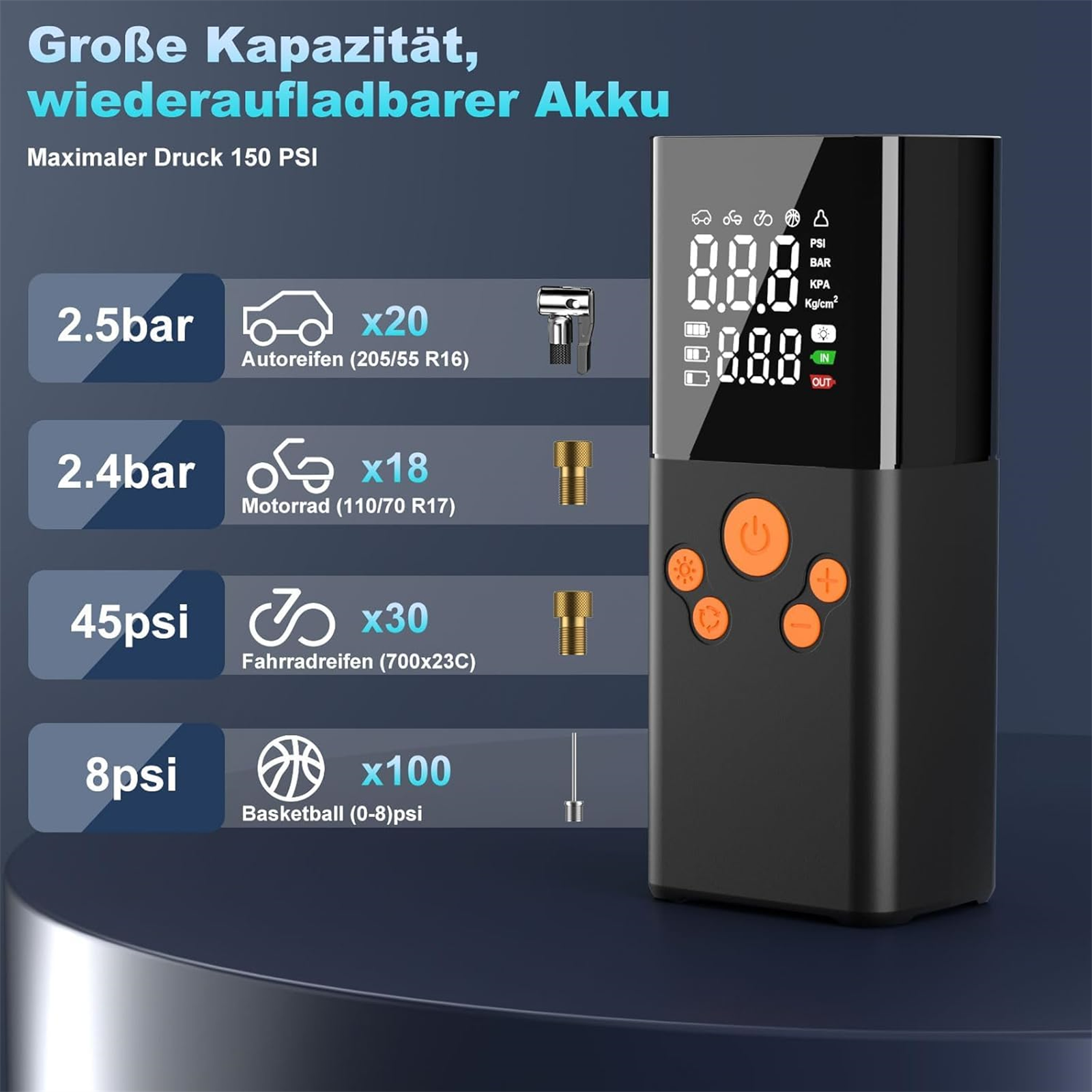 Schwarze und orange Luftpumpe mit Digitalanzeige, die Druck und Symbole anzeigt. Verschiedene Düsen.