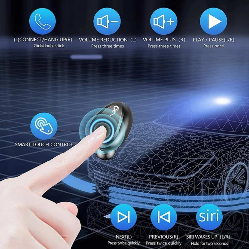 Ohrhörer vor einem Auto-Bild. Ein Finger berührt den Ohrhörer. Text und Symbole umgeben ihn.