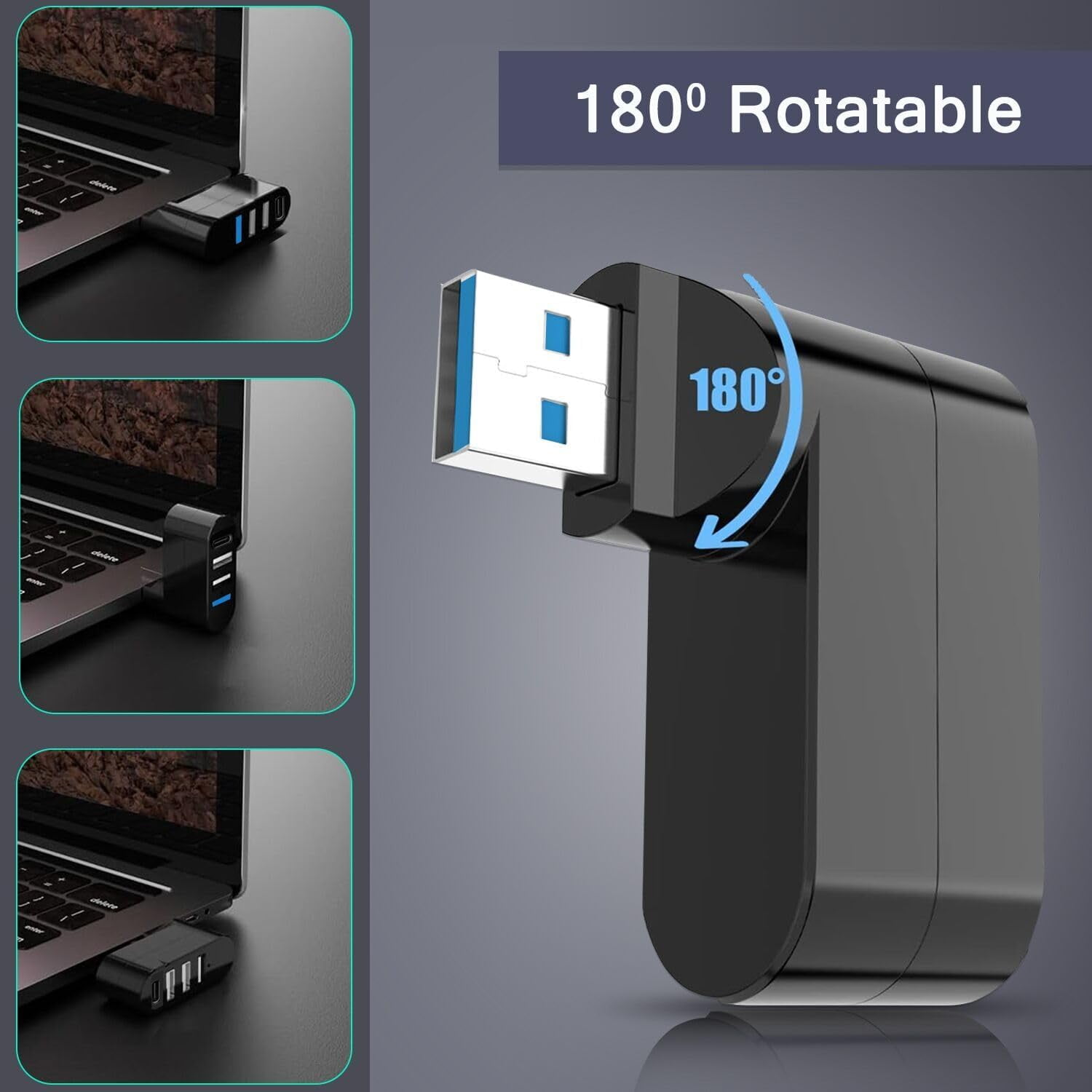 Ein schwarzer USB-Adapter, der an einen Laptop angeschlossen ist. Der Adapter ist drehbar.
