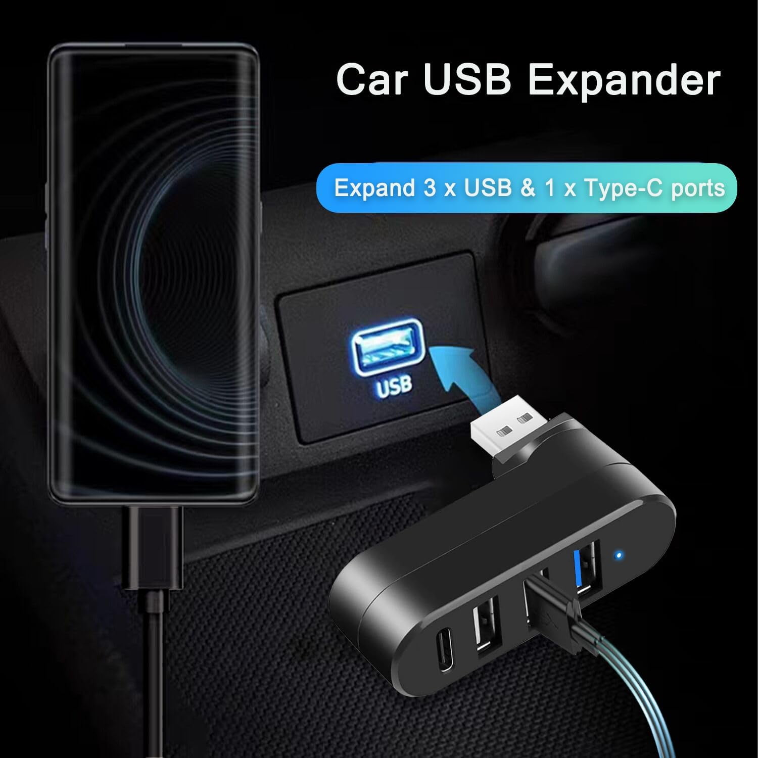 Car-USB-Expander mit angeschlossenem Telefon und USB-Anschluss.