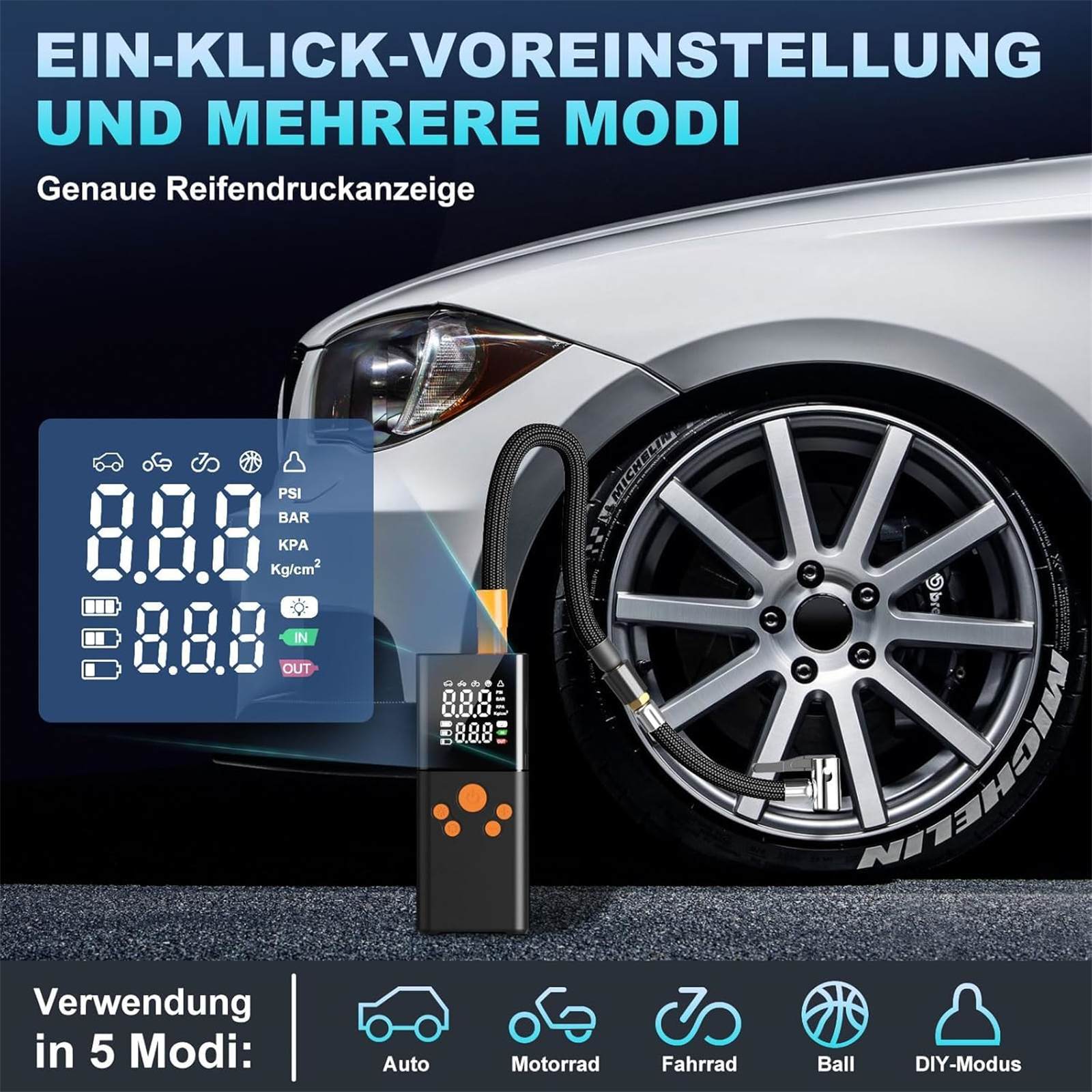 Ein schwarzes und oranges Reifenaufblasgerät mit Digitalanzeige, die den Druck anzeigt.