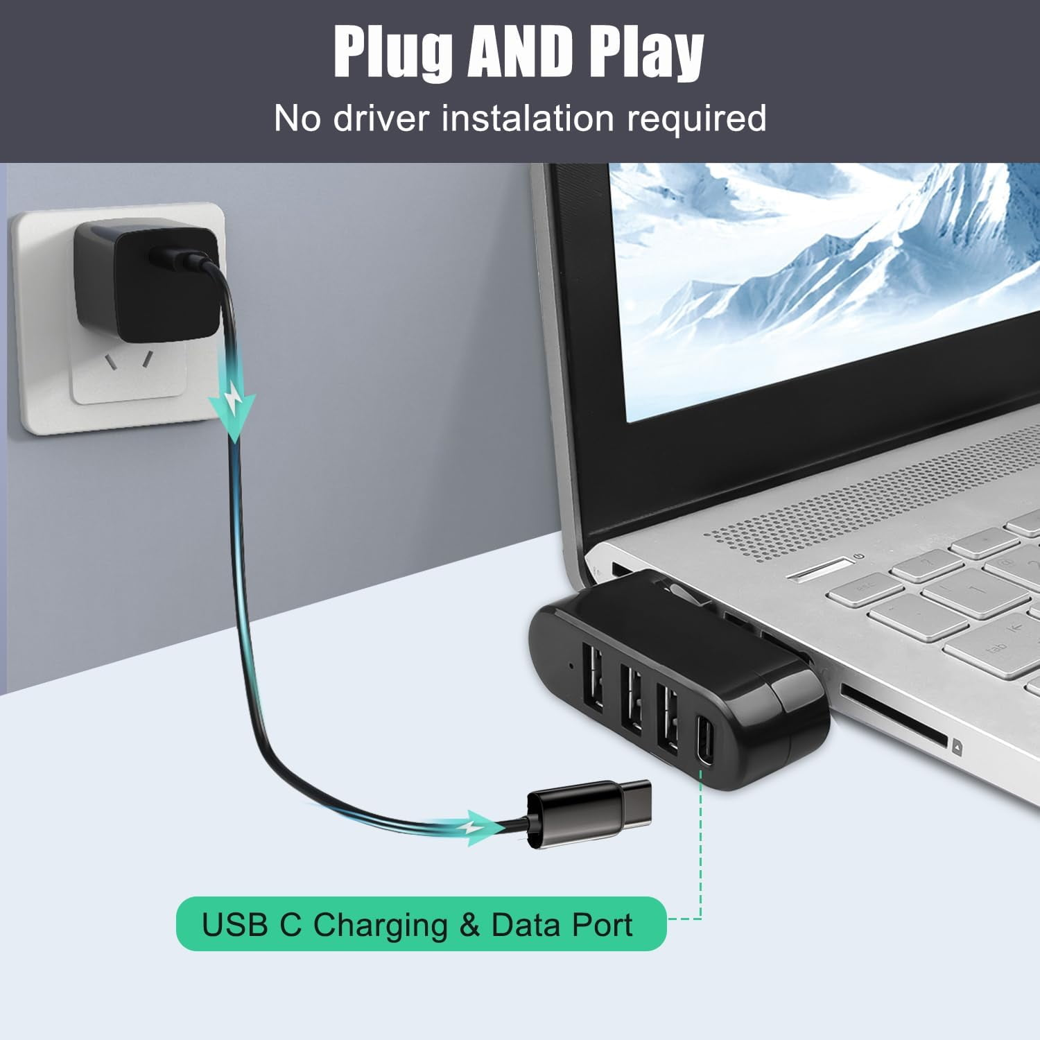 Ein schwarzer USB-Hub mit einem Ladekabel, das an eine Steckdose und einen Laptop angeschlossen ist.