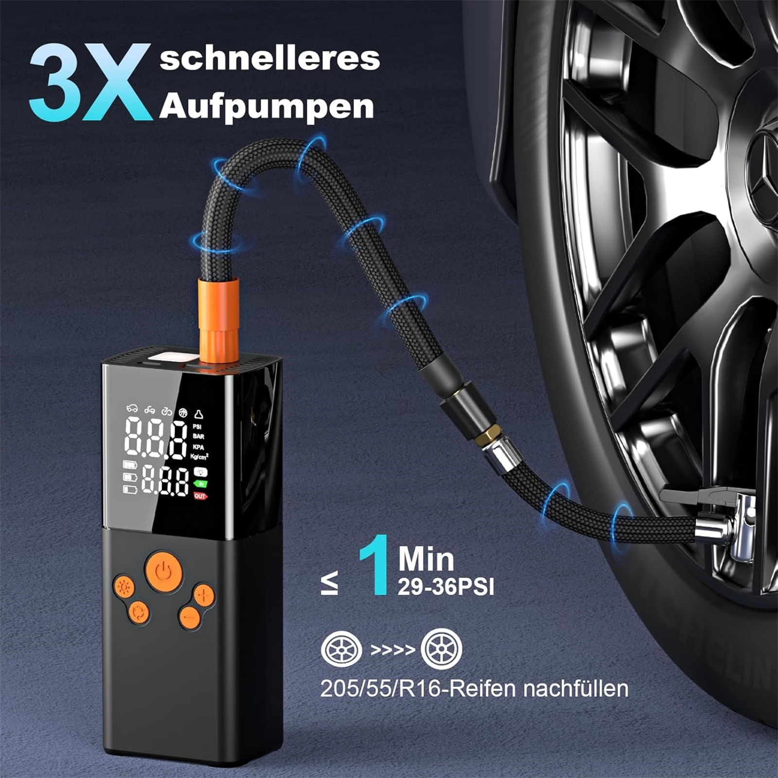 Ein schwarzer Autoreifen wird mit einer elektrischen Pumpe aufgepumpt. Die Pumpe hat ein Display und orangefarbene Tasten.