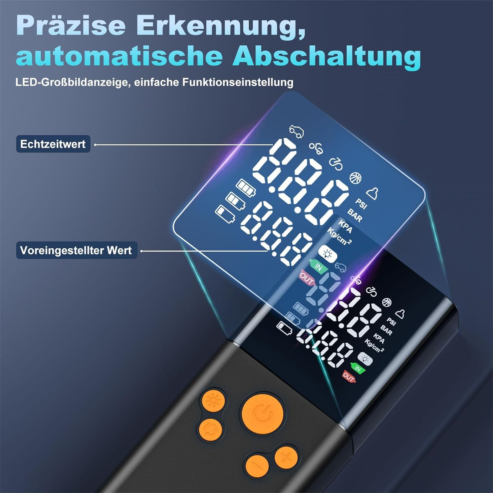 Ein schwarzes digitales Reifenfüllgerät mit hellem Display, das den Druck anzeigt. Bedienelemente befinden sich am Gerät.