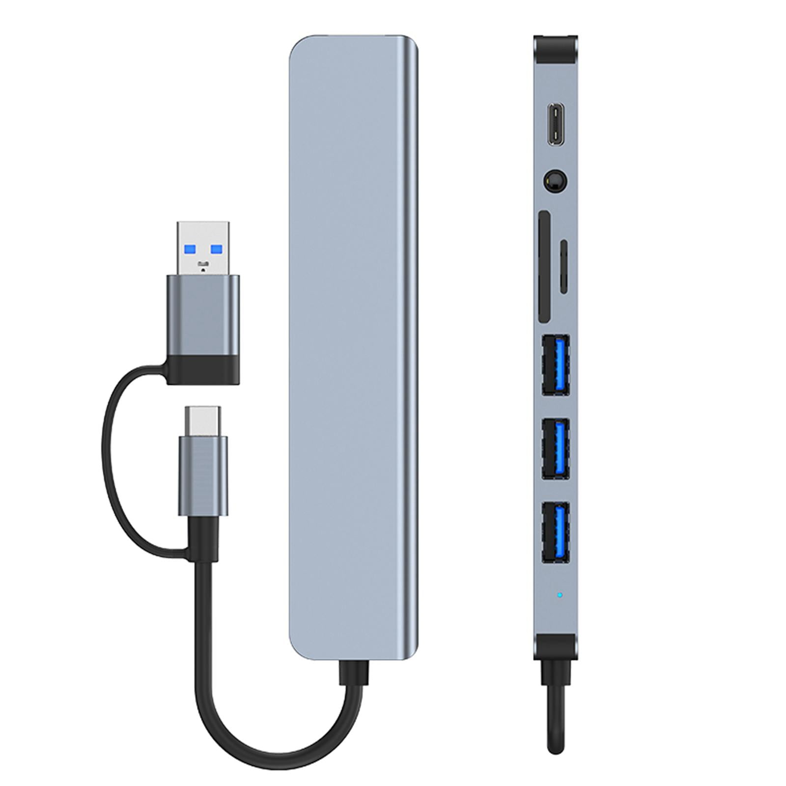 Silberner USB-Hub mit mehreren Anschlüssen und einem USB-C-Kabel. Verfügt über USB- und SD-Kartensteckplätze.