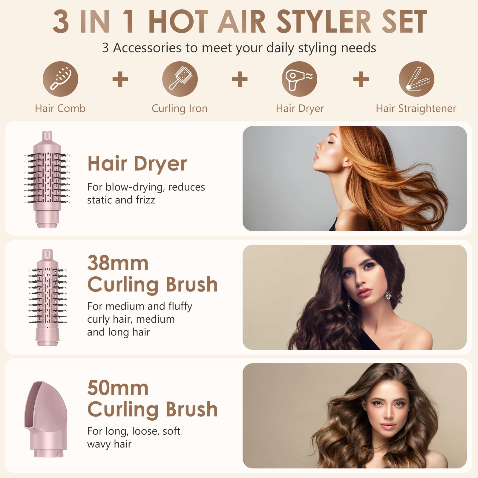 Ein Set von Haarstyling-Tools: Kamm, Lockenstab, Haartrockner und Glätteisen. Frauen stylen Haare.