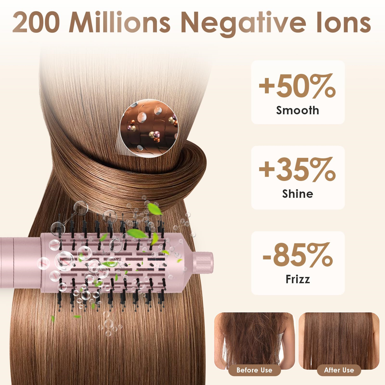 Eine Haartrocknerbürste mit Ergebnissen: glatteres, glänzenderes Haar mit weniger Frizz.