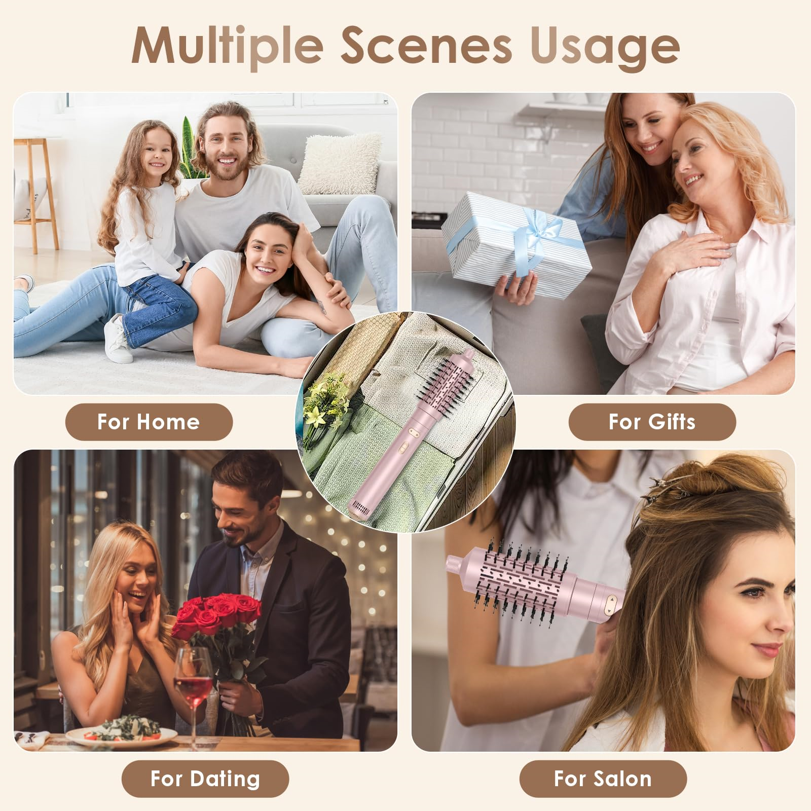 Mehrere Szenen, die eine Frau zeigen, die ein Haarstyling-Tool verwendet, mit Text zur Förderung verschiedener Anwendungen: Zuhause, Geschenke, Dating, Salon.