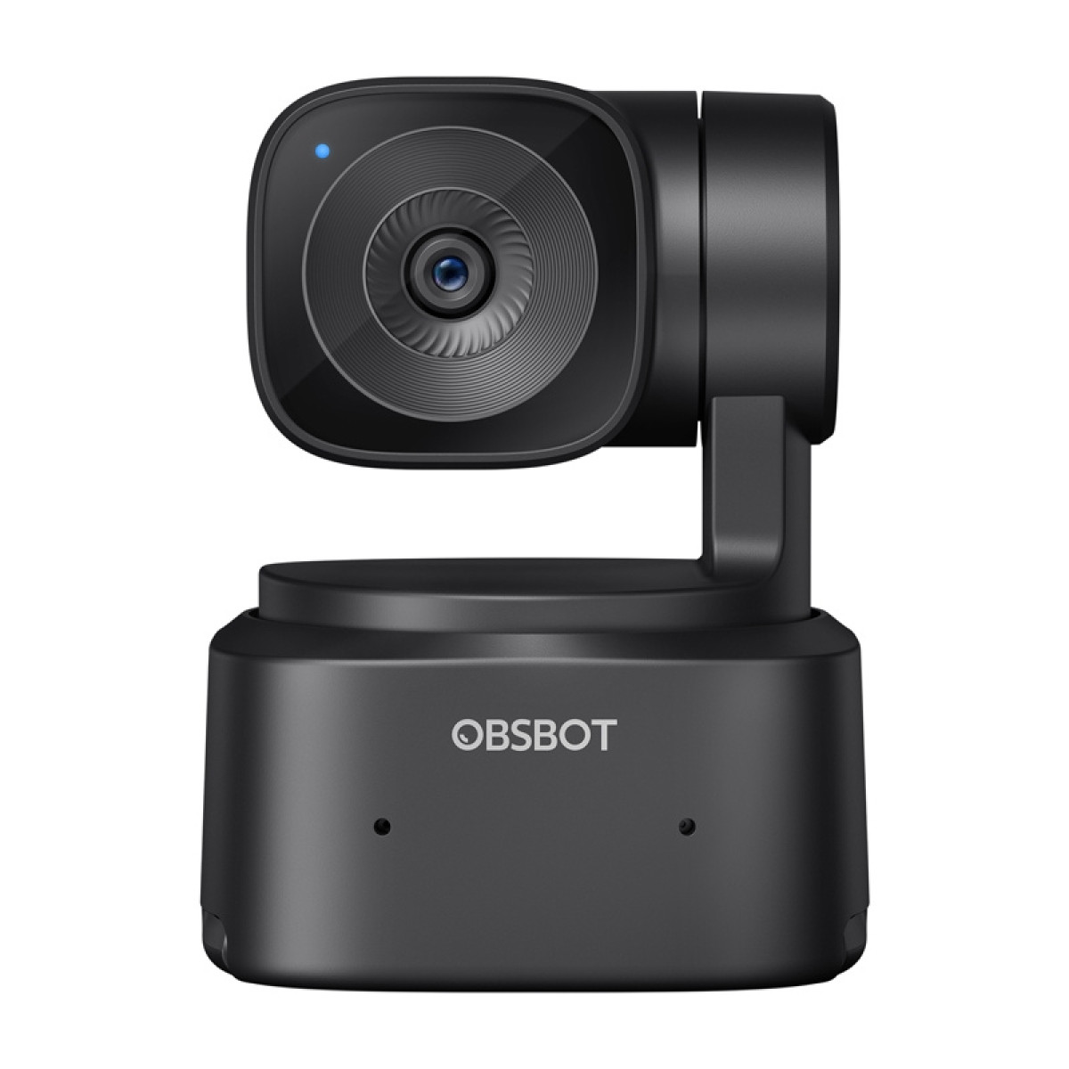 Una cámara Obsbot negra con lente, base y la palabra OBSBOT impresa. La cámara tiene una luz azul.