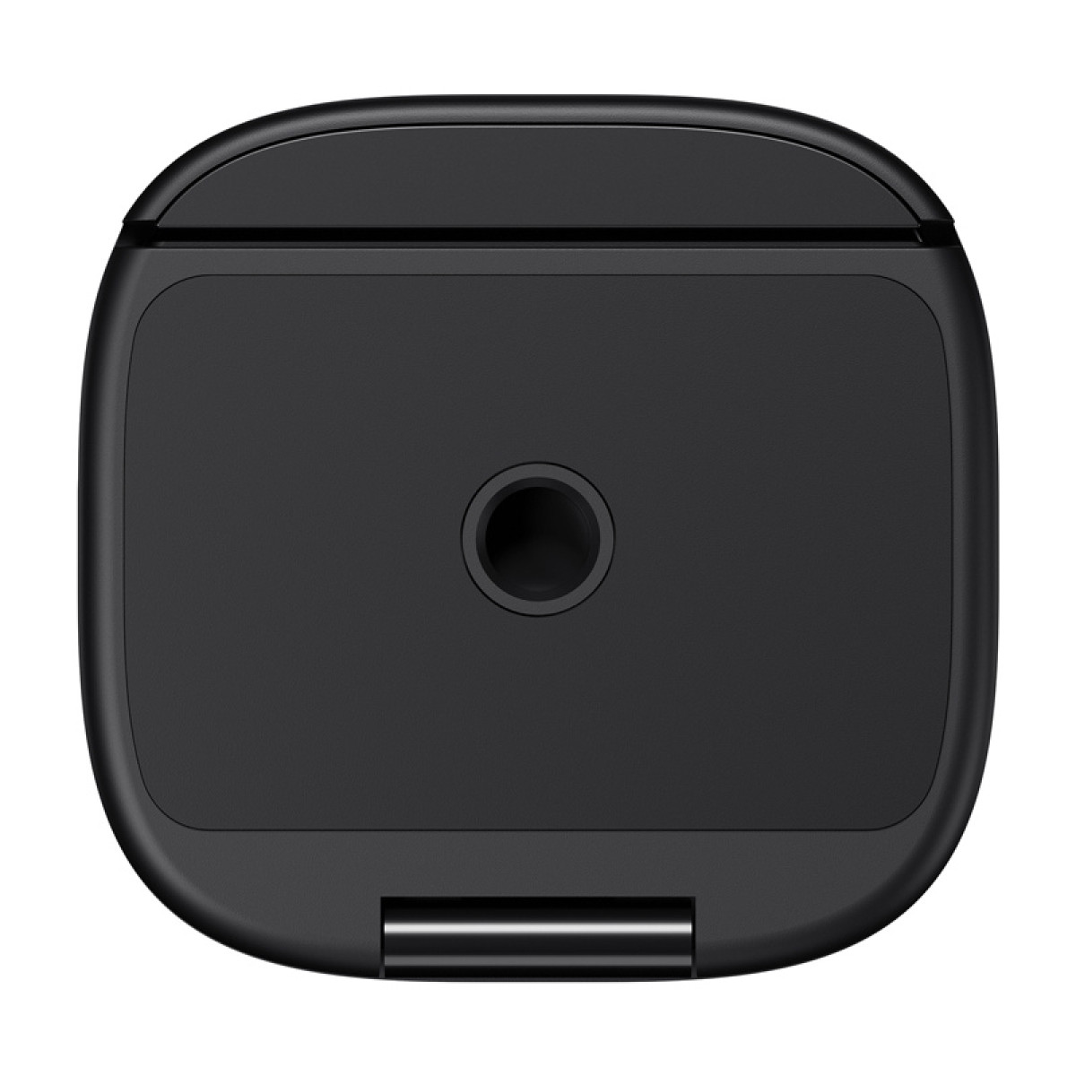 Un dispositivo negro con un agujero circular y un área rectangular empotrada sobre fondo blanco.