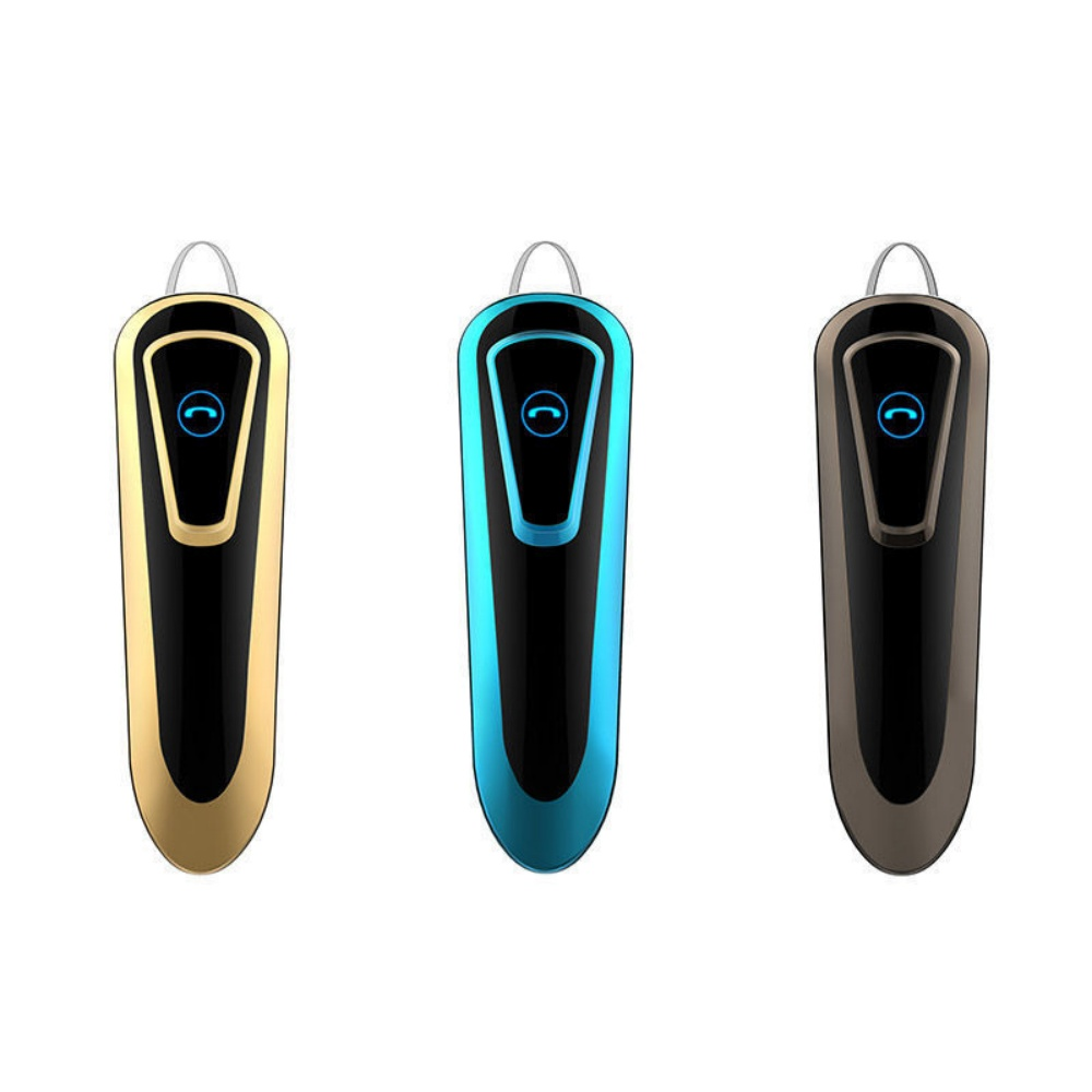 Drei Bluetooth-Headsets in Gold, Blau und Braun. Sie haben eine Anruftaste und einen Ladeanschluss.