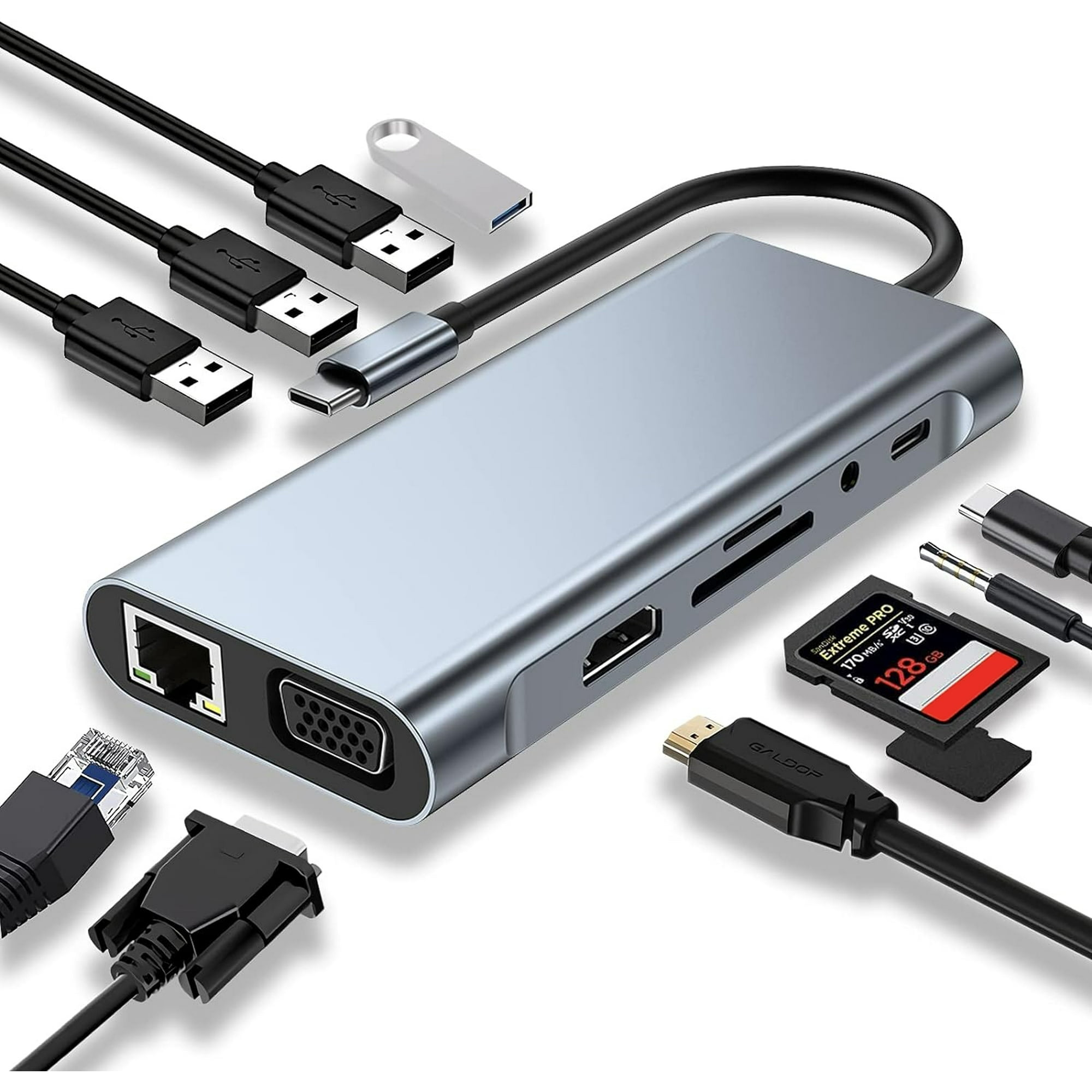 Ein silberner Hub mit mehreren Anschlüssen, darunter USB, HDMI und Ethernet. Verschiedene Kabel und eine SD-Karte sind vorhanden.