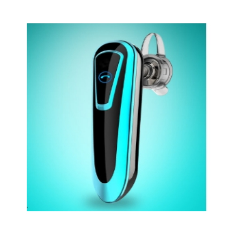 Ein schwarzes und cyanfarbenes Bluetooth-Headset vor einem leuchtenden, türkisblauen Hintergrund.