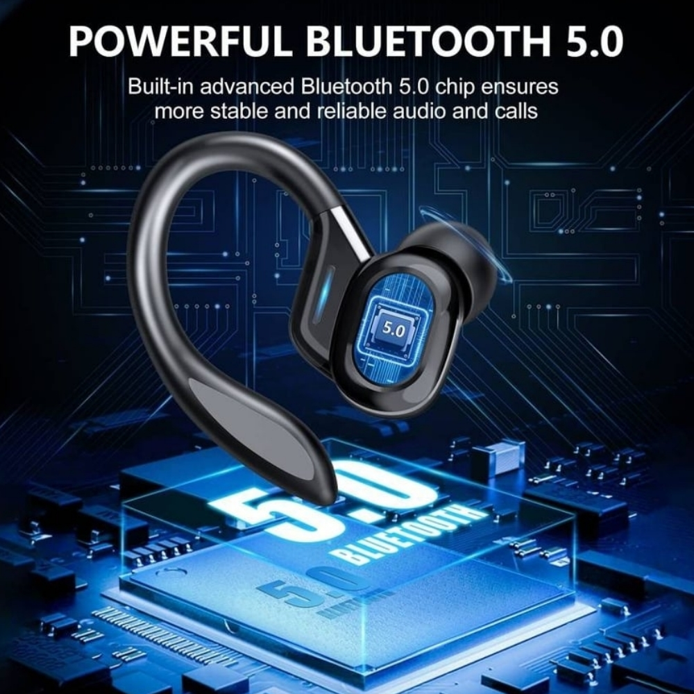 Schwarzer und silberner Kopfhörer. Bluetooth 5.0. Text: Leistungsstarkes Bluetooth 5.0. Integrierter fortschrittlicher Chip.