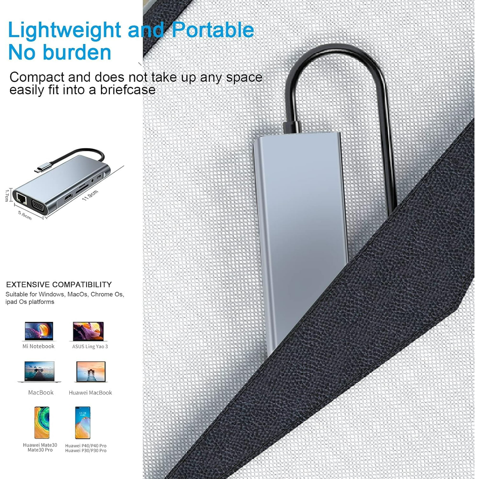 Grauer USB-Hub mit Laptop- und Telefonsymbolen. Text: Leicht und tragbar.