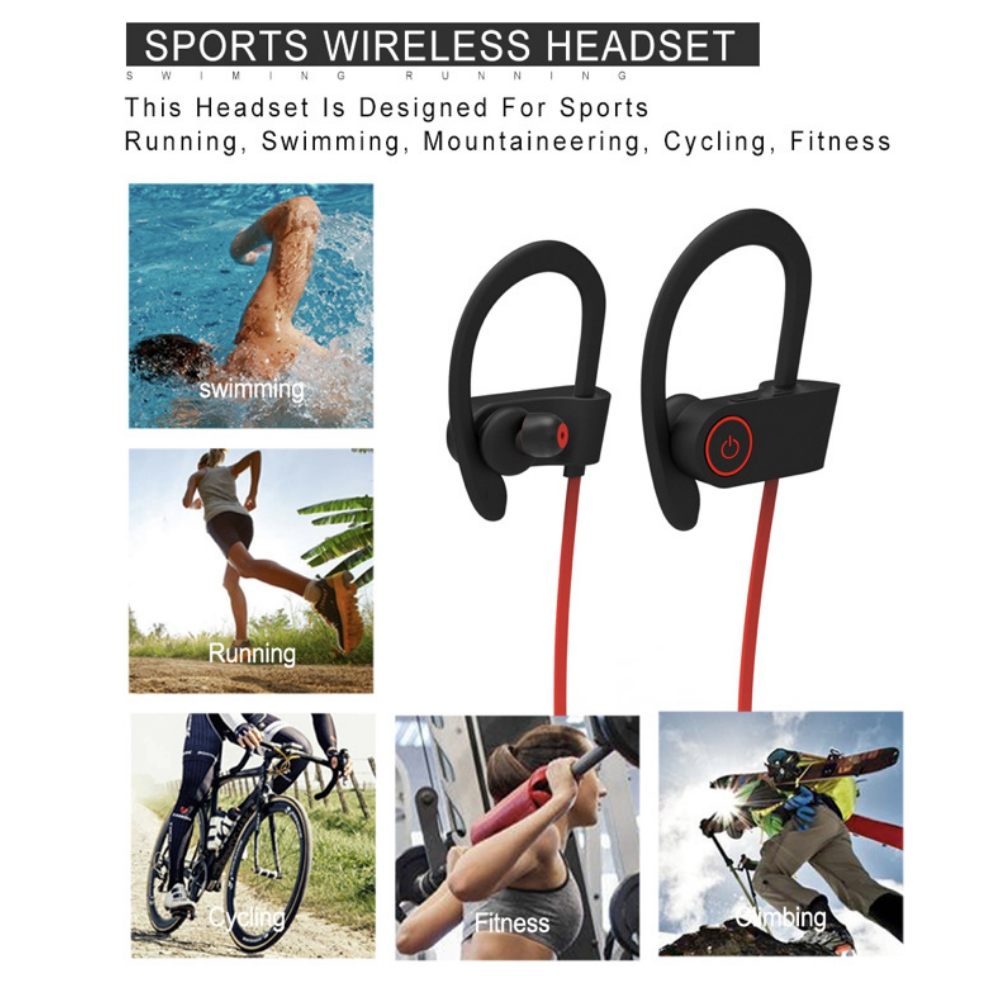Sport-Wireless-Headset. Bilder von Schwimmen, Laufen, Radfahren, Fitness und Klettern.