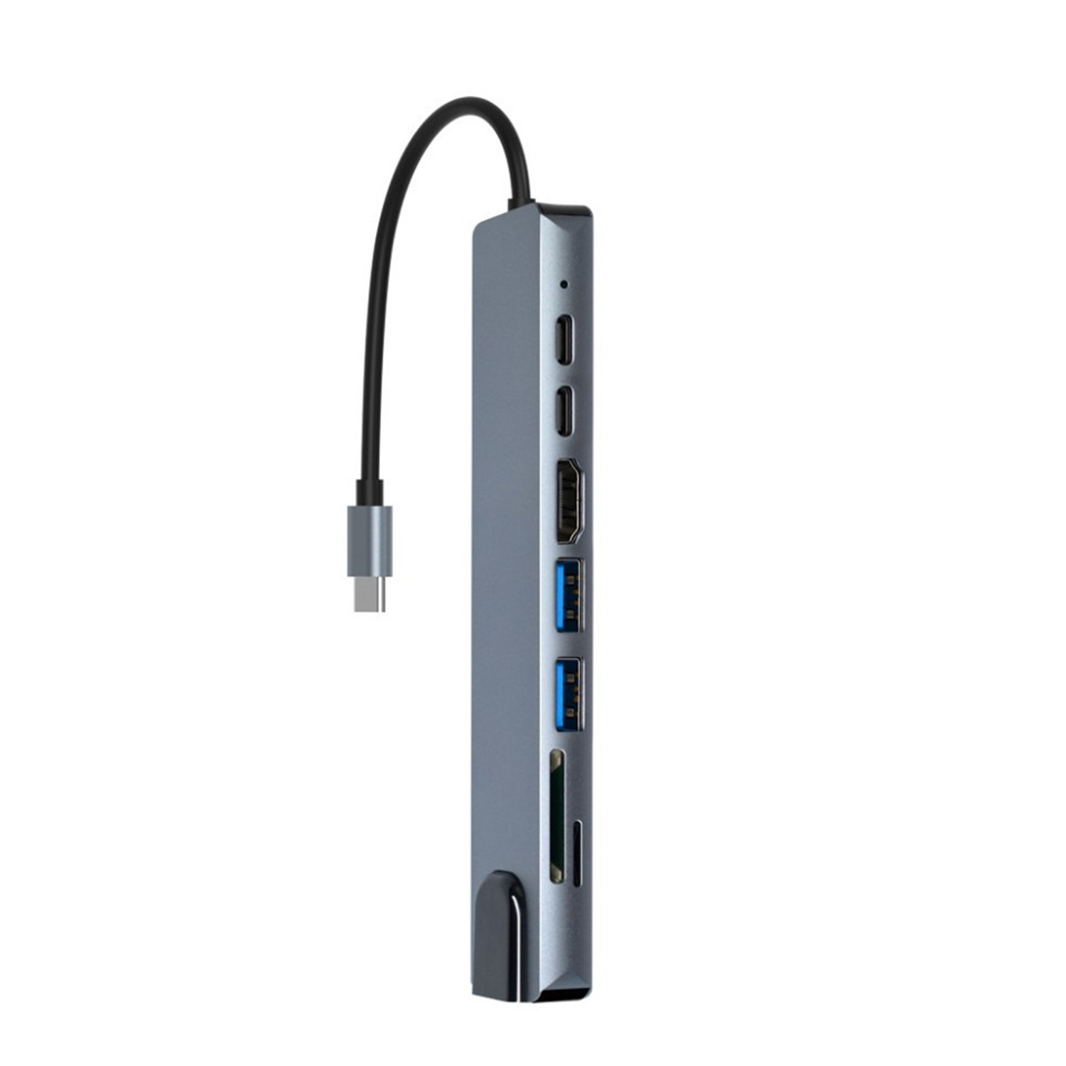 Ein silberner und schwarzer USB-Hub mit mehreren Anschlüssen und einem schwarzen Kabel mit USB-C-Anschluss.
