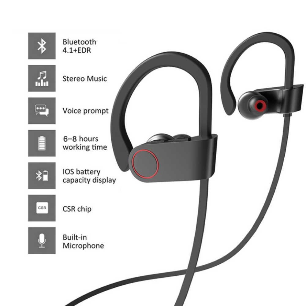 Schwarzes und rotes Kopfhörerset. Zu den Funktionen gehören Bluetooth, Stereomusik und ein eingebautes Mikrofon.