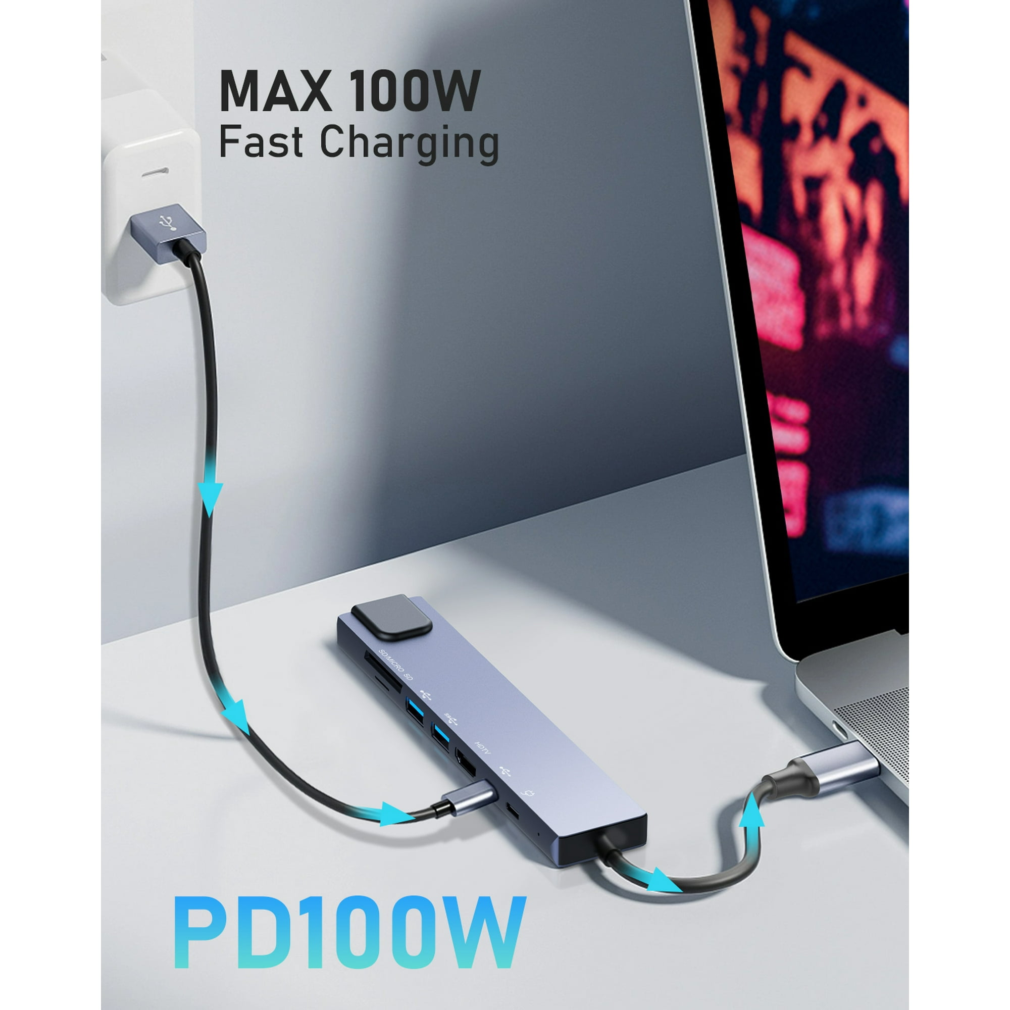 Ein Lade-Hub ist mit einem Laptop und einem Wandladegerät verbunden. Text: Max. 100W Schnellladung. Blaue Pfeile zeigen die Richtung.