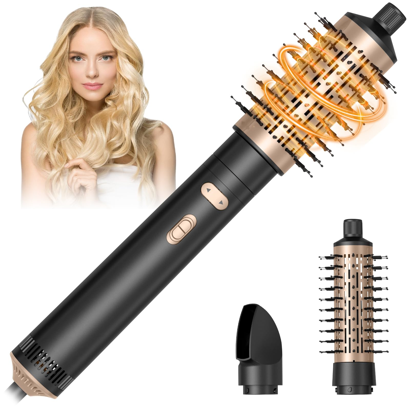 Ein schwarzes und goldenes Haarstyling-Werkzeug mit einer Frau. Das Werkzeug wird zum Locken verwendet. Der Hintergrund ist weiß.