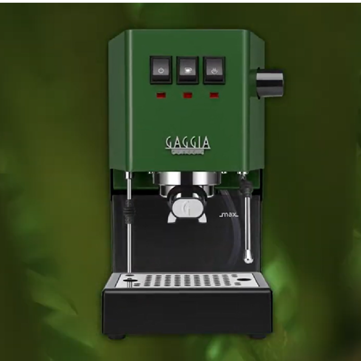 Grüne Espressomaschine mit schwarzen Details. Gaggia-Logo. Grüner Hintergrund.