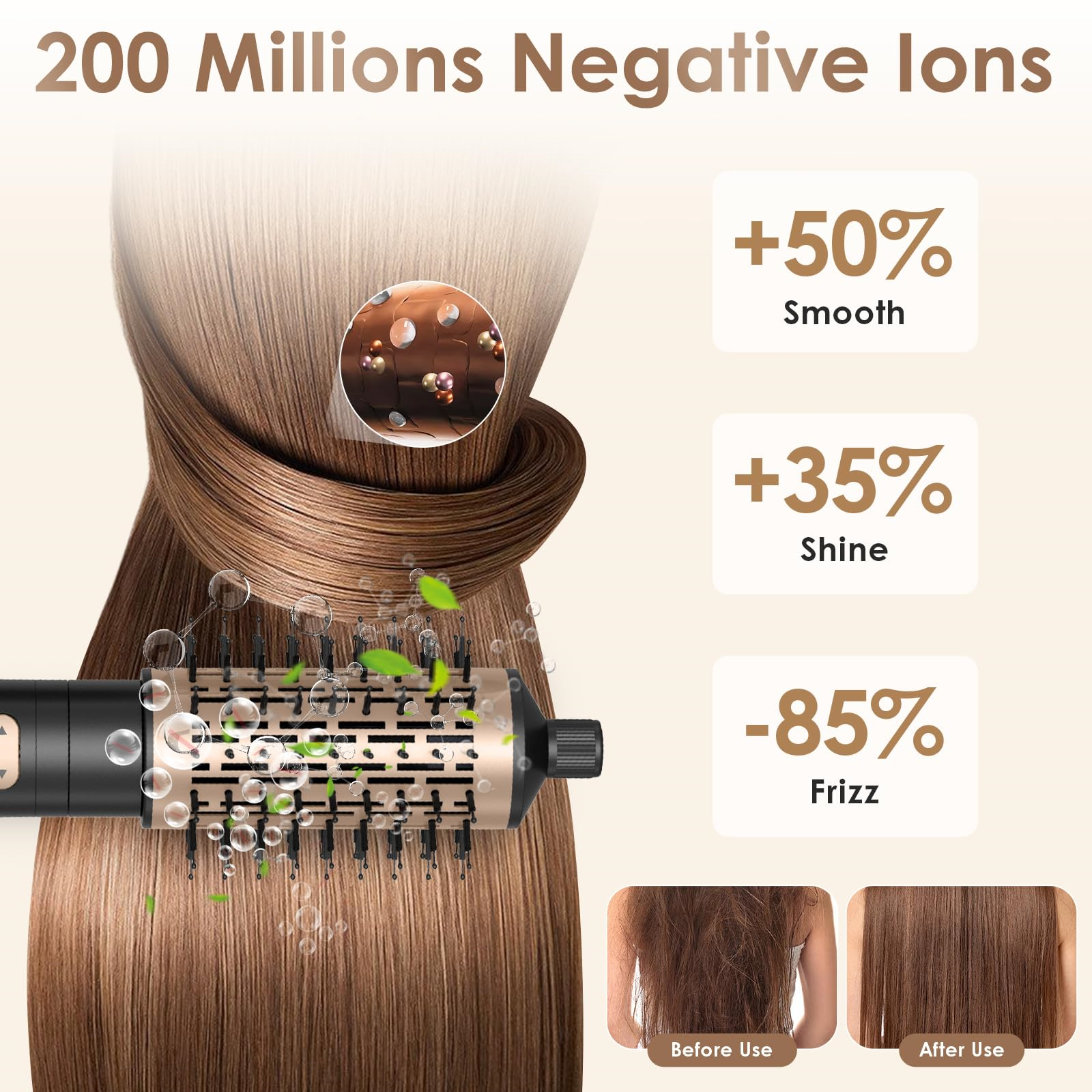 Haarbürste mit gewickeltem Haar, mit Details zu Glätte, Glanz und Frizz-Reduzierung.