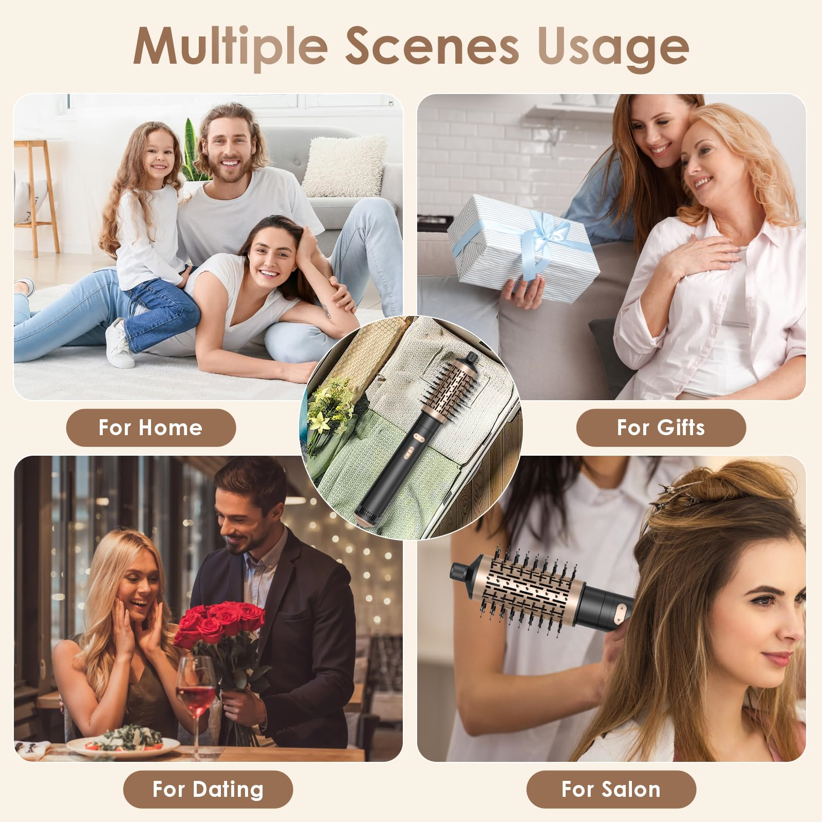 Mehrere Szenen, die eine Haarstylingbürste in Gebrauch zeigen: Zuhause, Geschenke, Dating, Salon. Verschiedene Leute sind in den Szenen.