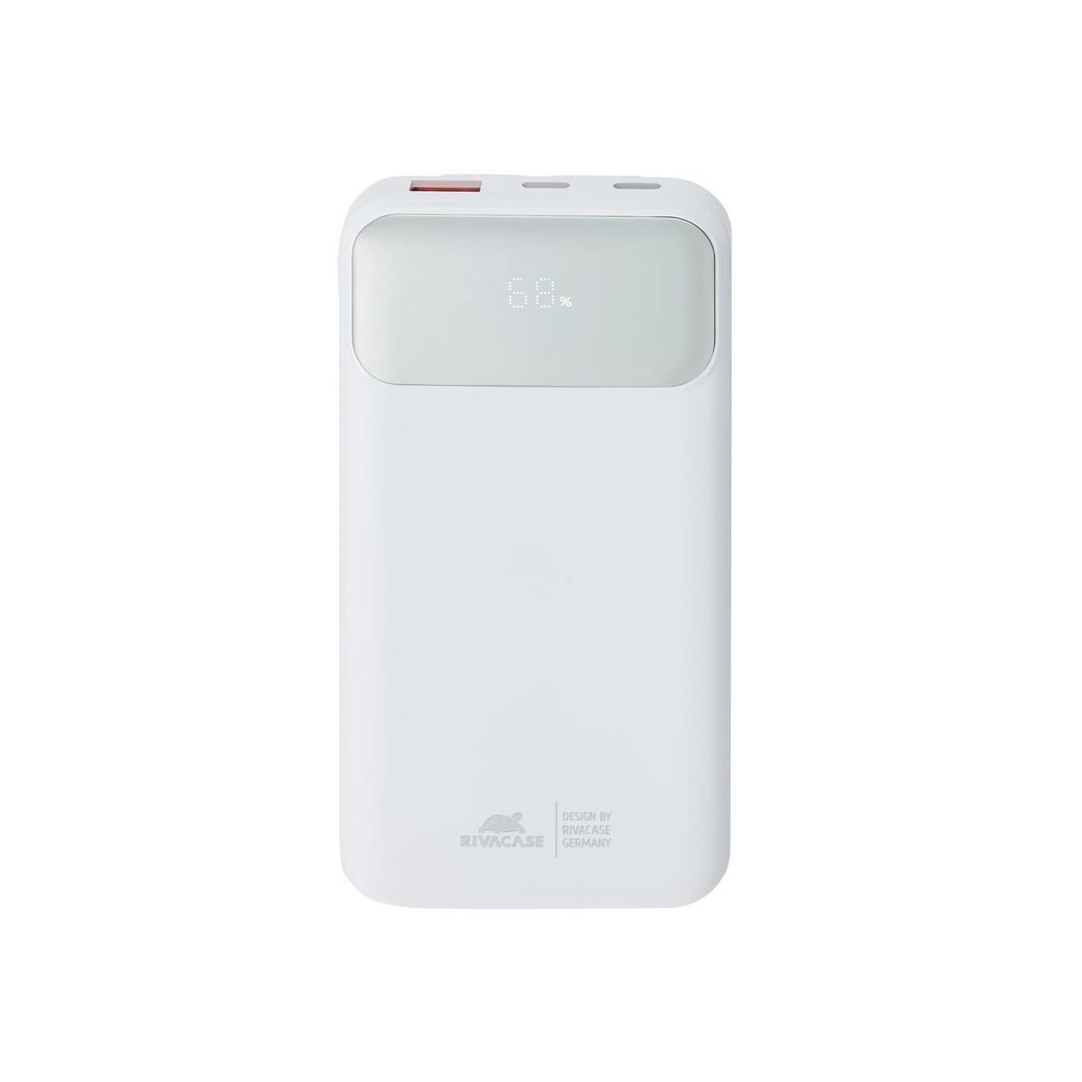 Un power bank bianco con display digitale che mostra il 68% e il logo Rivacase Germany.