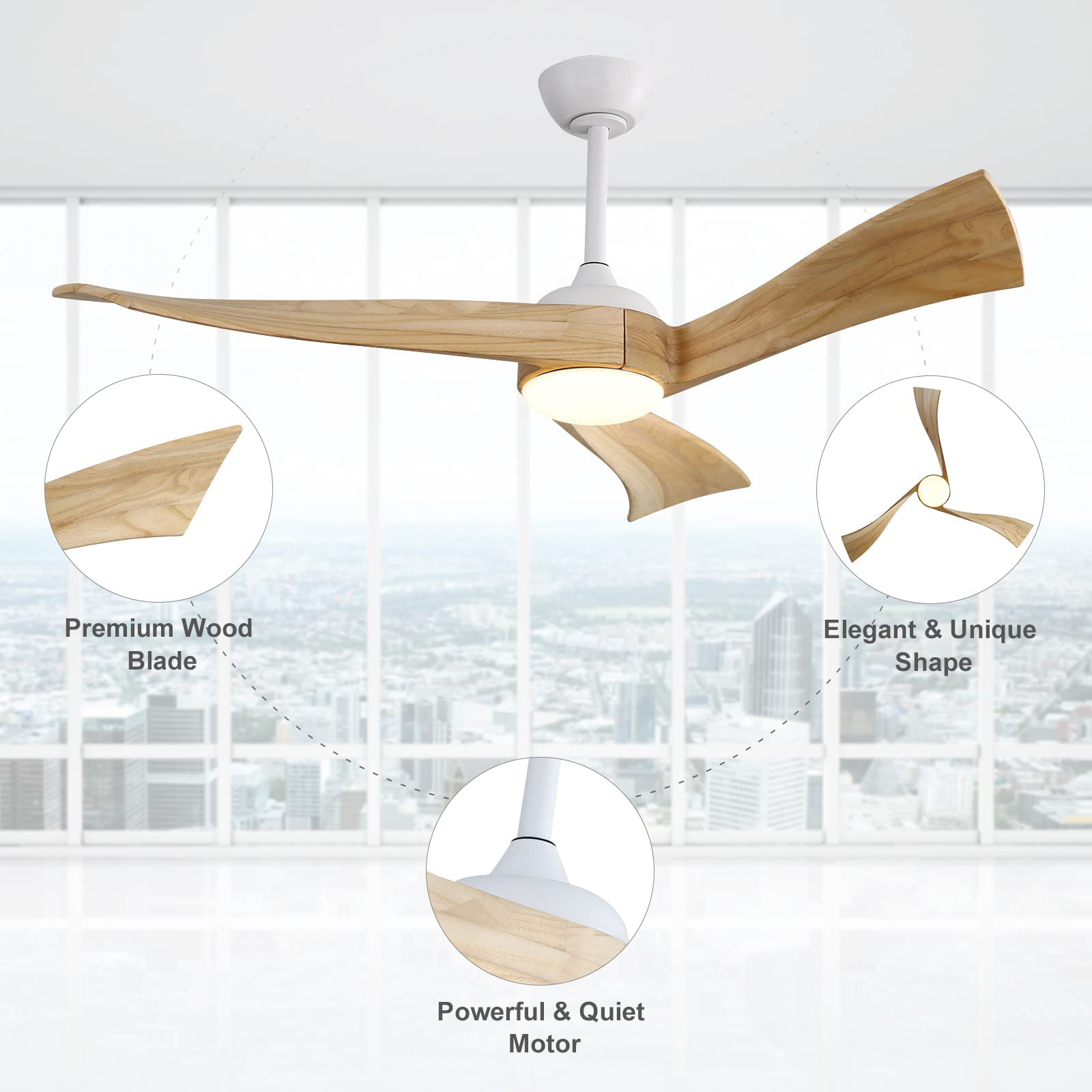 Ein weißer Deckenventilator mit Holzflügeln und einem Licht in der Mitte, mit drei zusätzlichen Bildern.