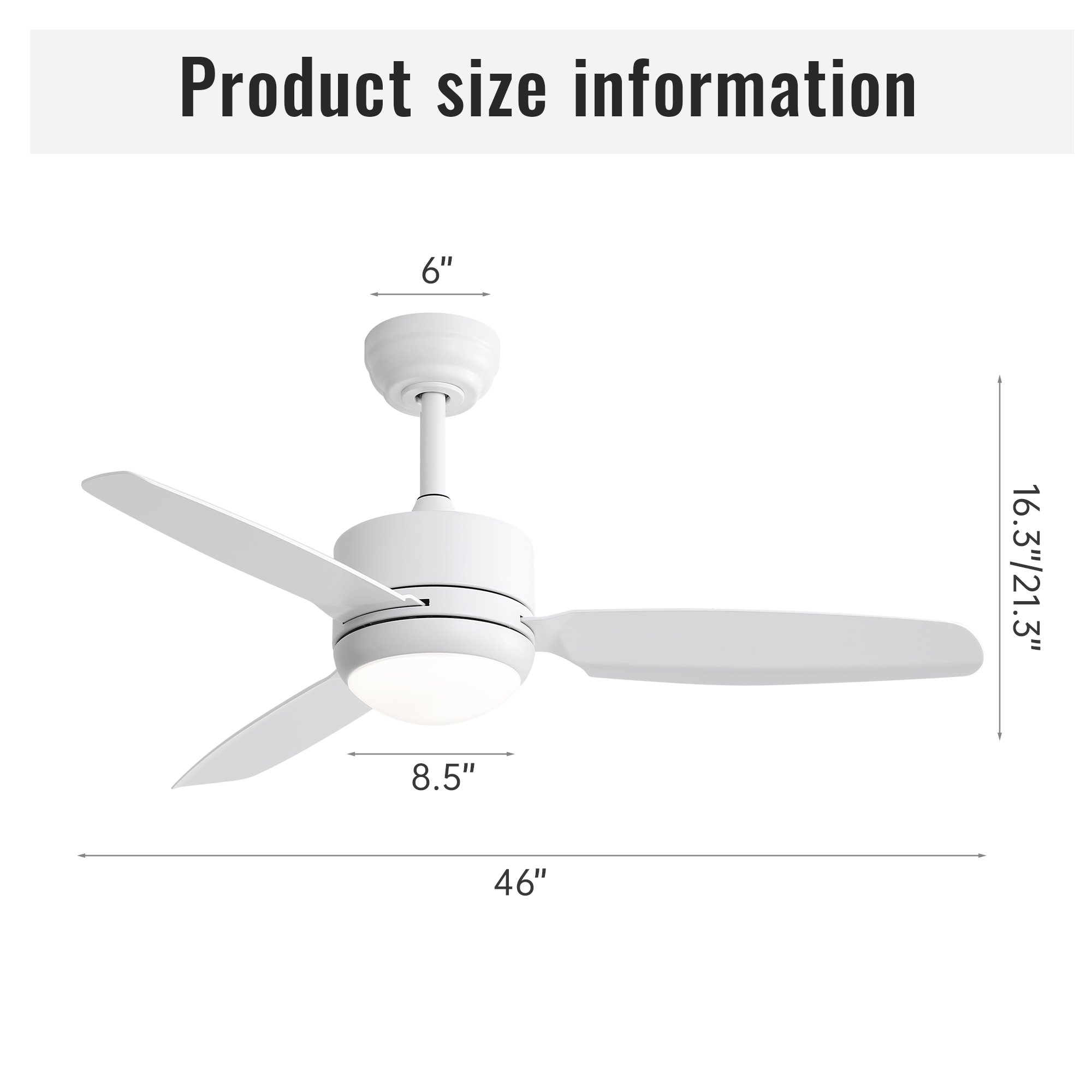 Weißer Deckenventilator mit drei Flügeln. Abmessungen: 46" breit, 16,3" hoch, 8,5" Durchmesser.