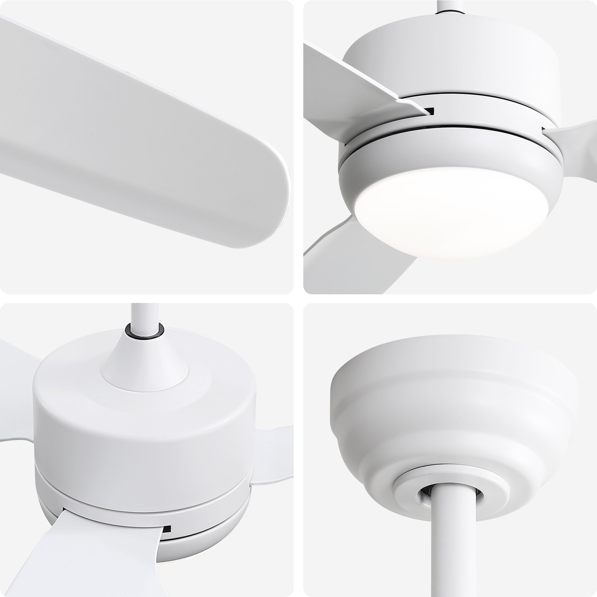 Nahaufnahmen eines weißen Deckenventilators mit drei Flügeln, einem Licht und einem weißen Sockel.