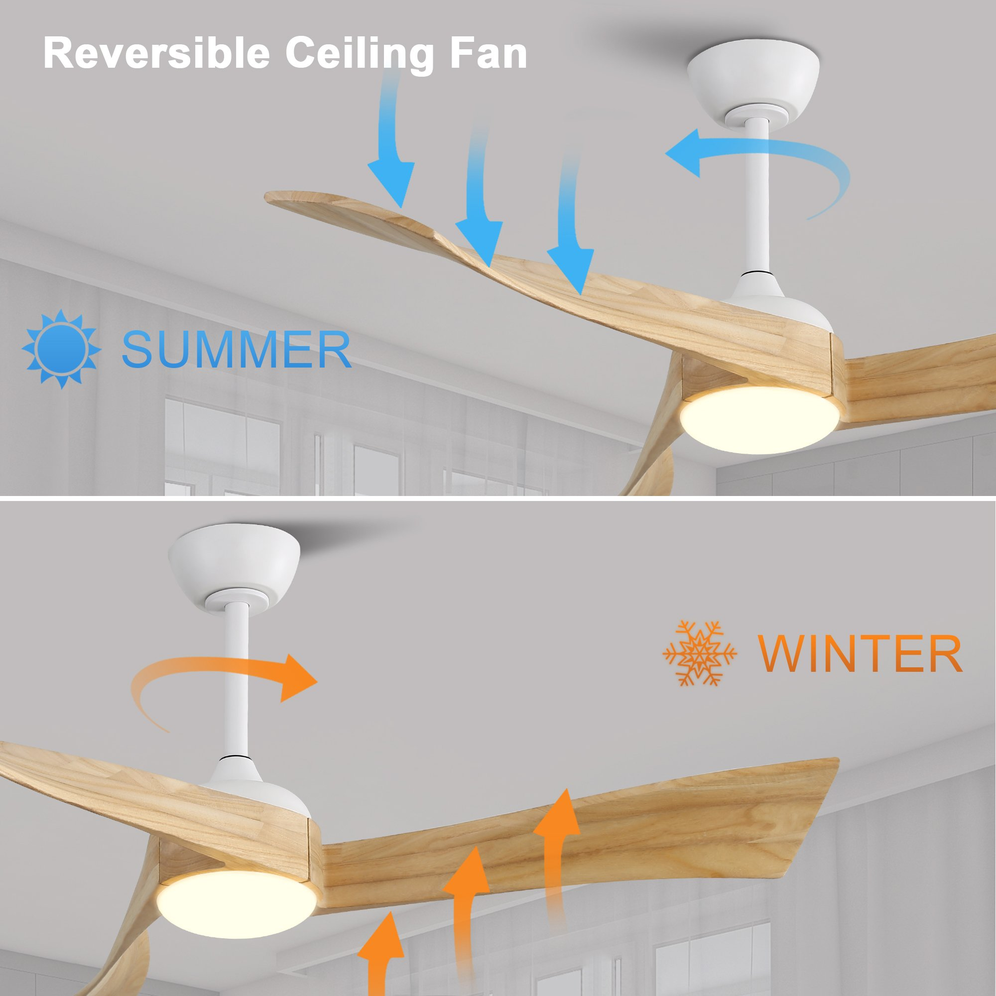 Ein reversibler Deckenventilator. Ein Bild zeigt den Ventilator für den Sommer, das andere für den Winter, mit Pfeilen zur Richtungsangabe.