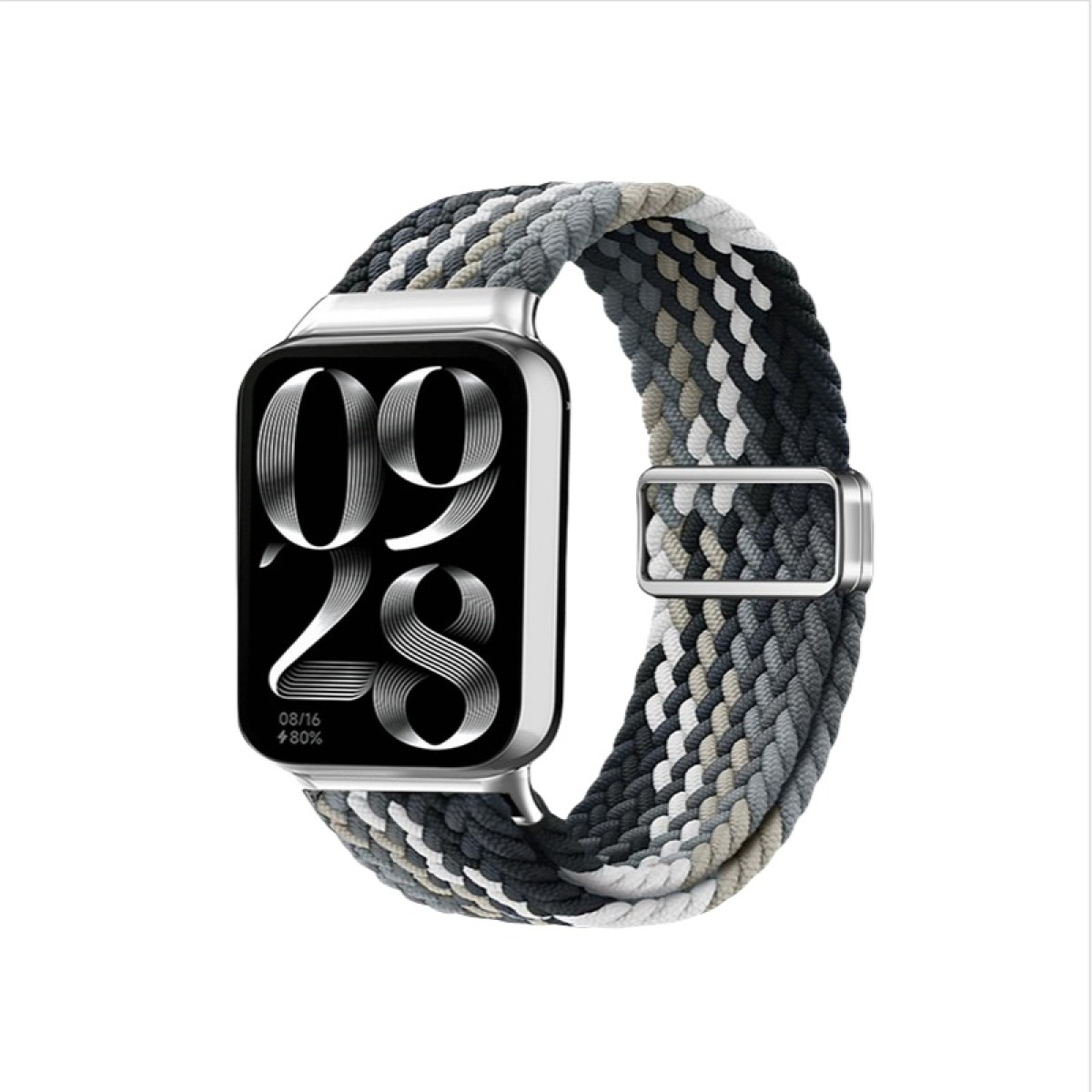 Smartwatch mit geflochtenem Armband. Uhr zeigt Zeit und Datum auf dunklem Bildschirm, mit Verschluss.