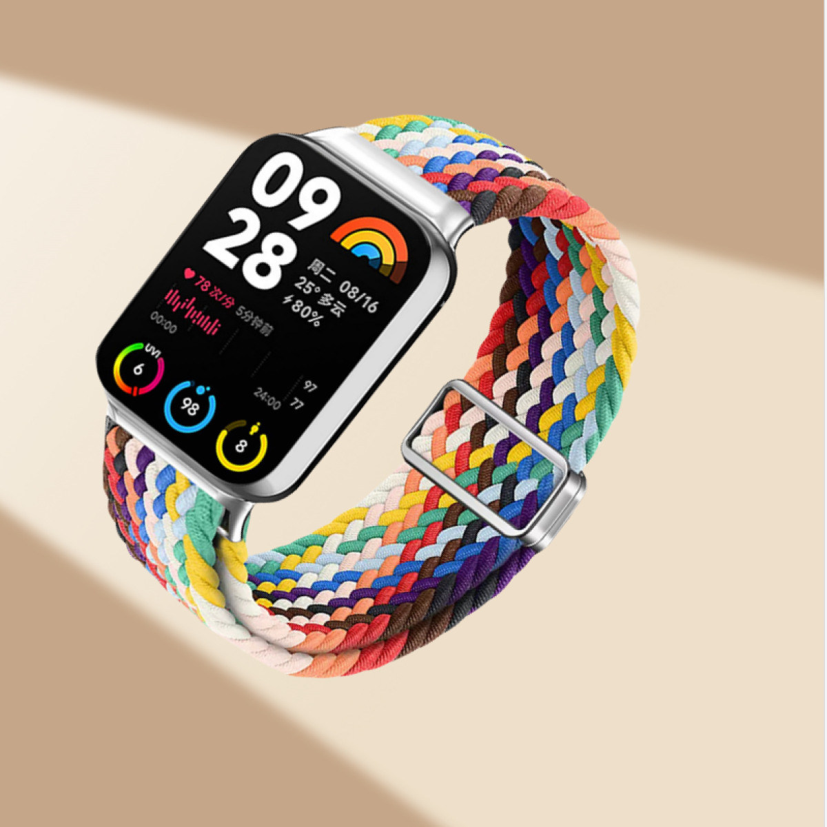 Smartwatch mit geflochtenem, mehrfarbigem Armband, zeigt Informationen an.