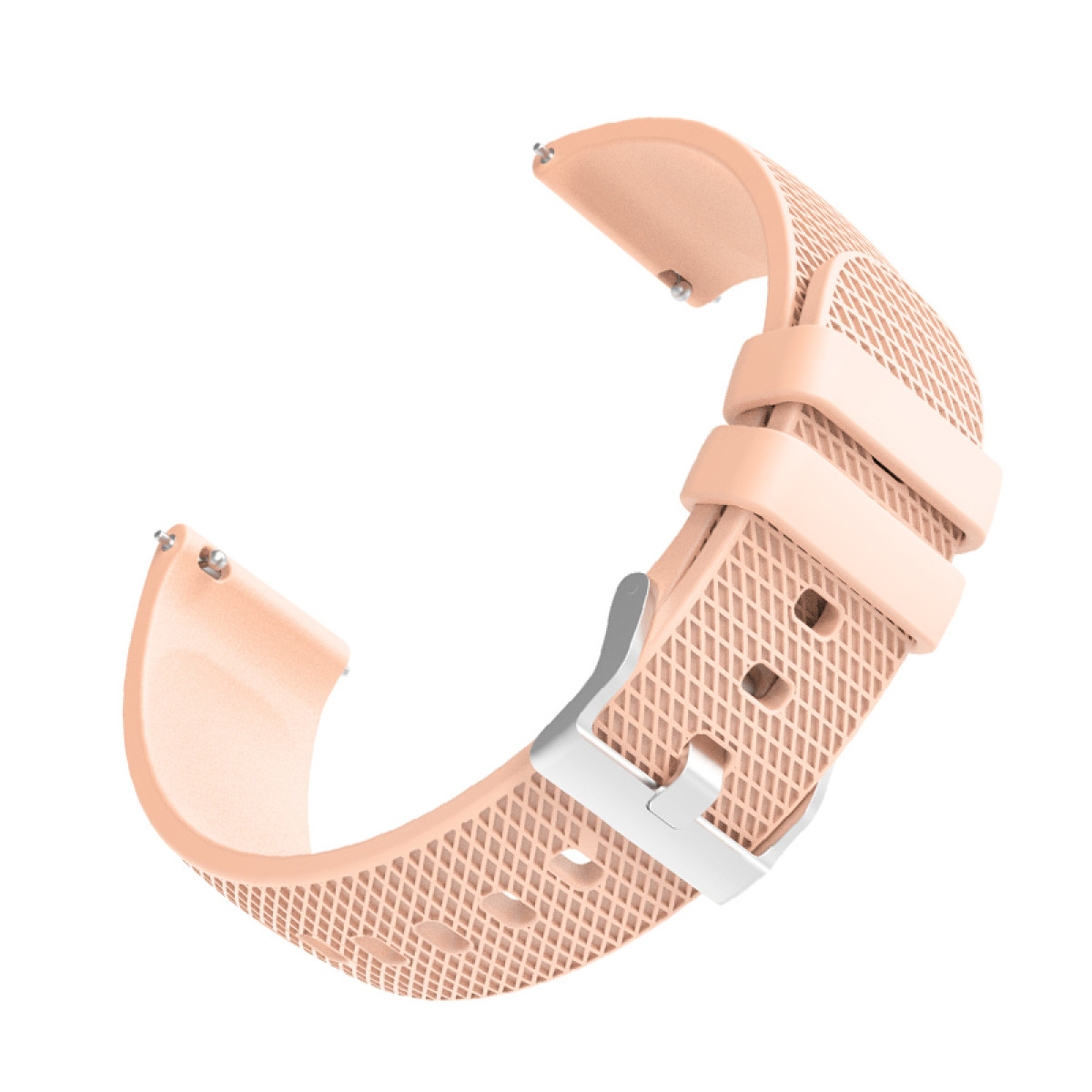 Un cinturino per smartwatch color pesca chiaro. È curvo e presenta un motivo strutturato con una fibbia argentata.