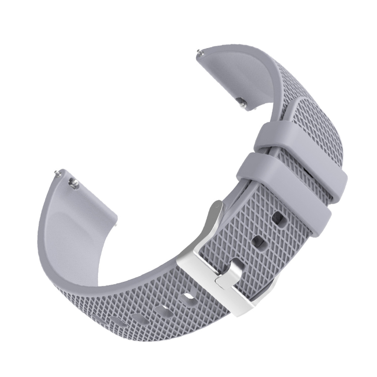 Cinturino grigio in silicone con superficie strutturata e fibbia argentata.