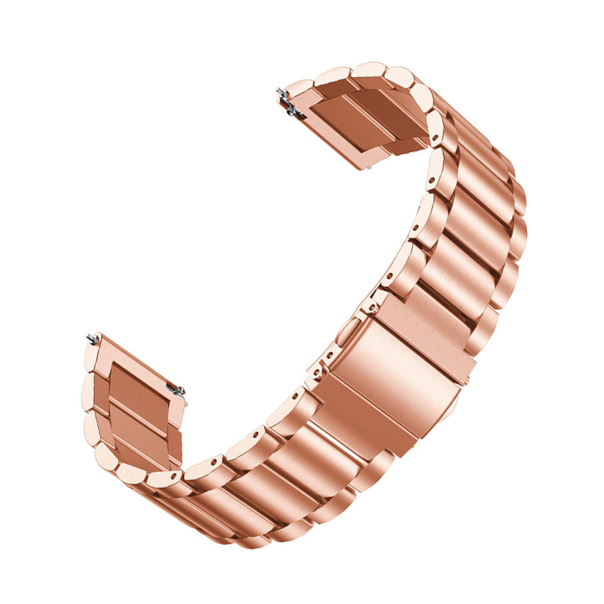 Un cinturino per orologio in metallo oro rosa a forma curva, con connettori ad ogni estremità su sfondo bianco.
