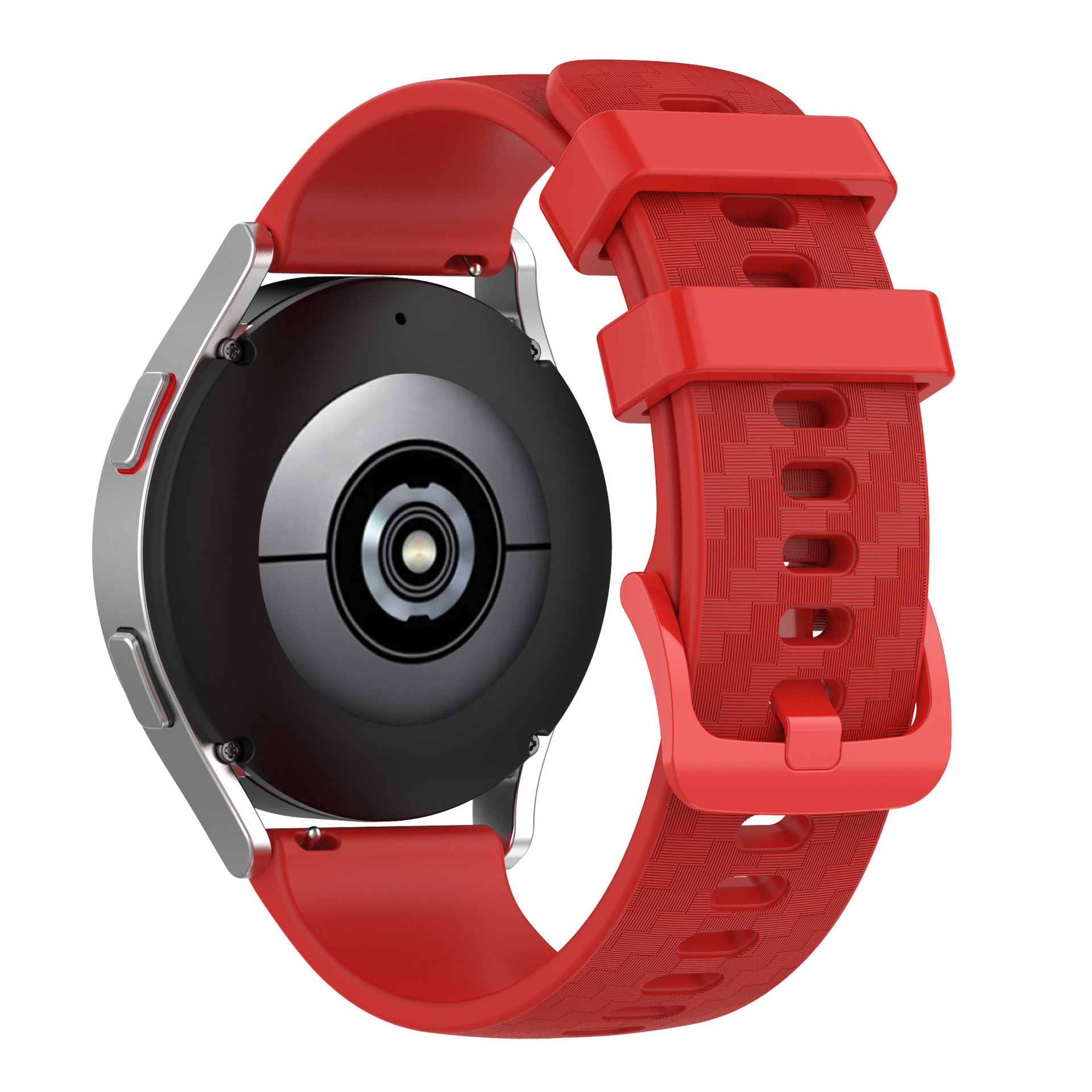 Smartwatch rosso con cinturino rosso. Il retro dell'orologio è visibile con i sensori e il cinturino.