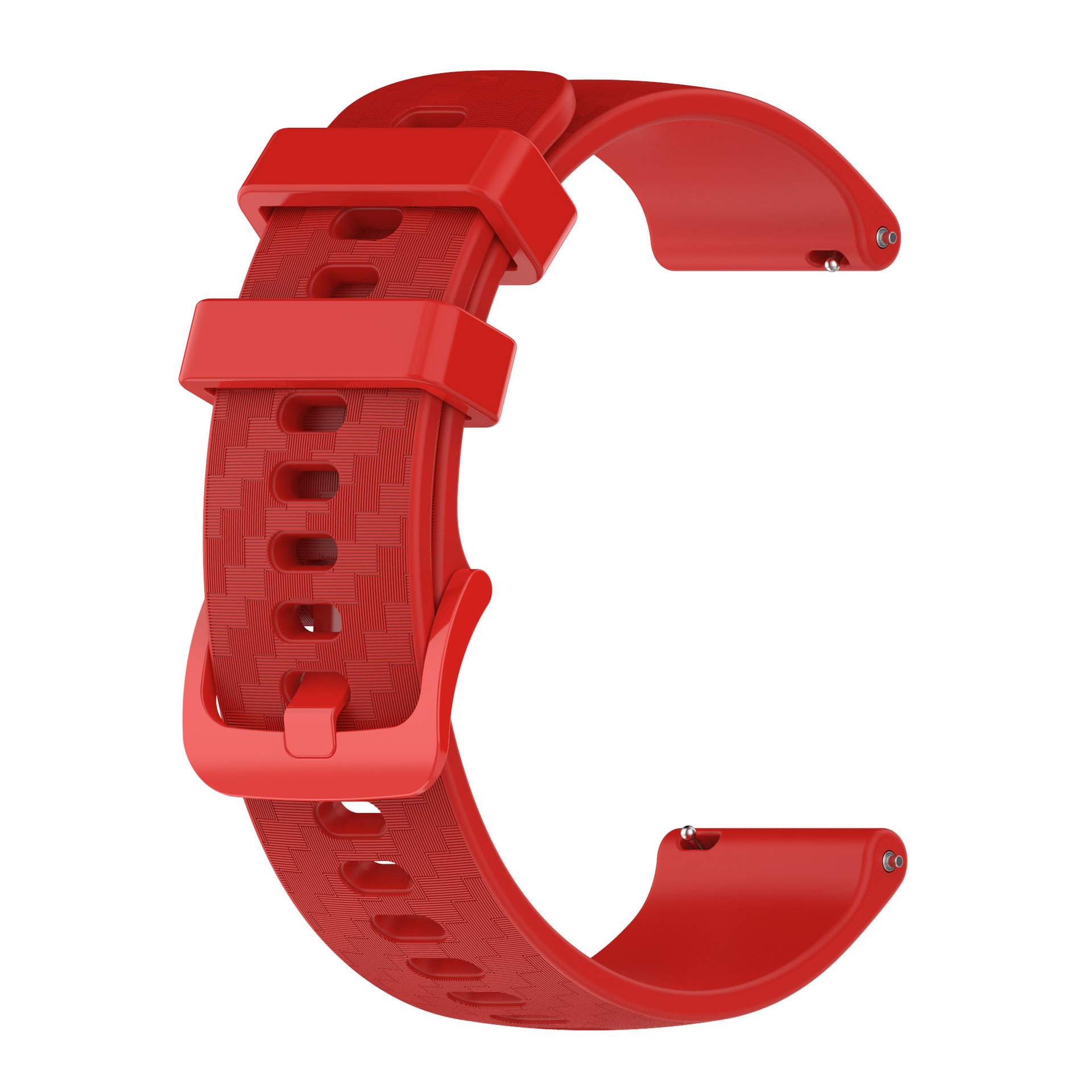 Cinturino rosso con un design strutturato. La fibbia è visibile. Sfondo bianco.