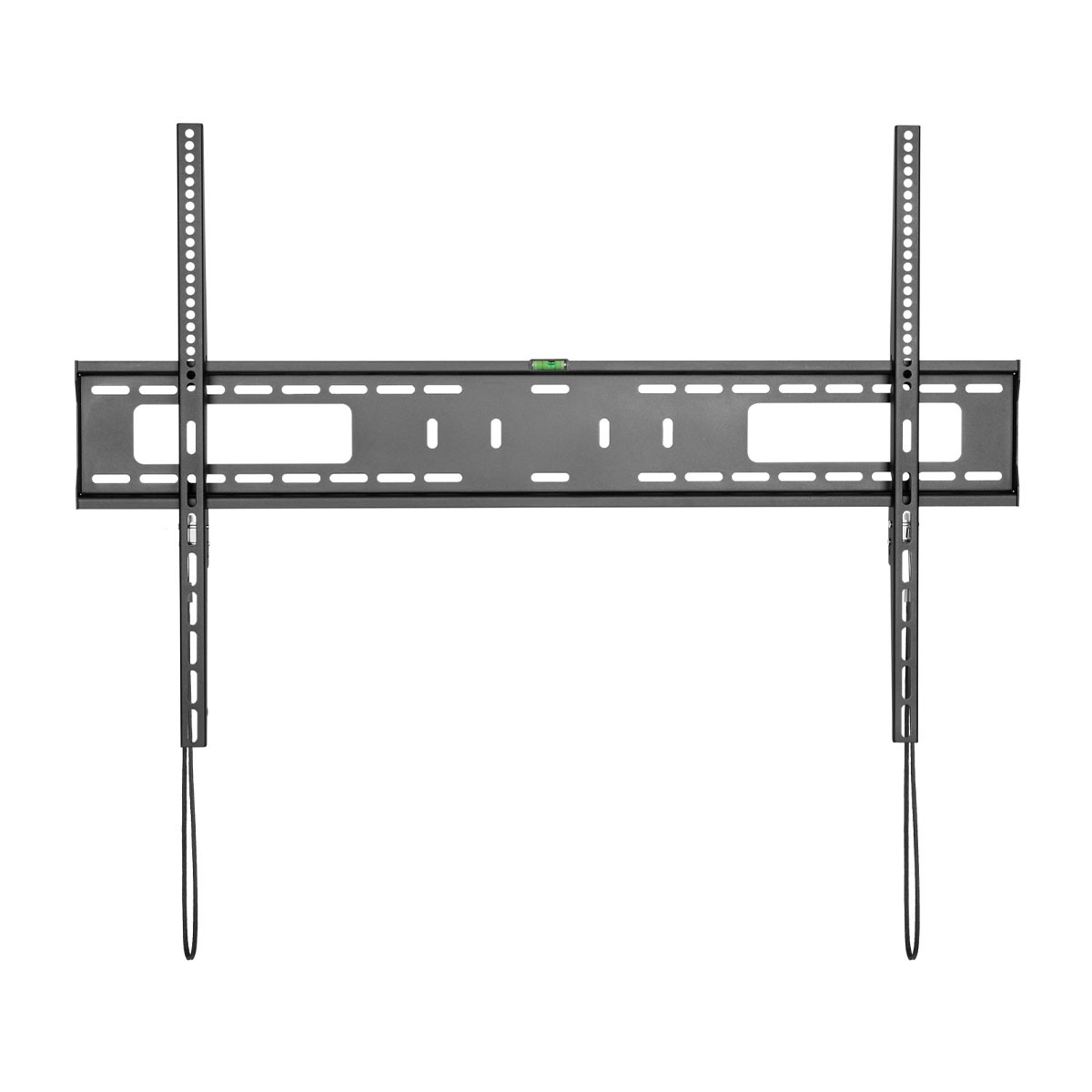 Eine schwarze TV-Halterung mit Montageschienen und Wasserwaage.