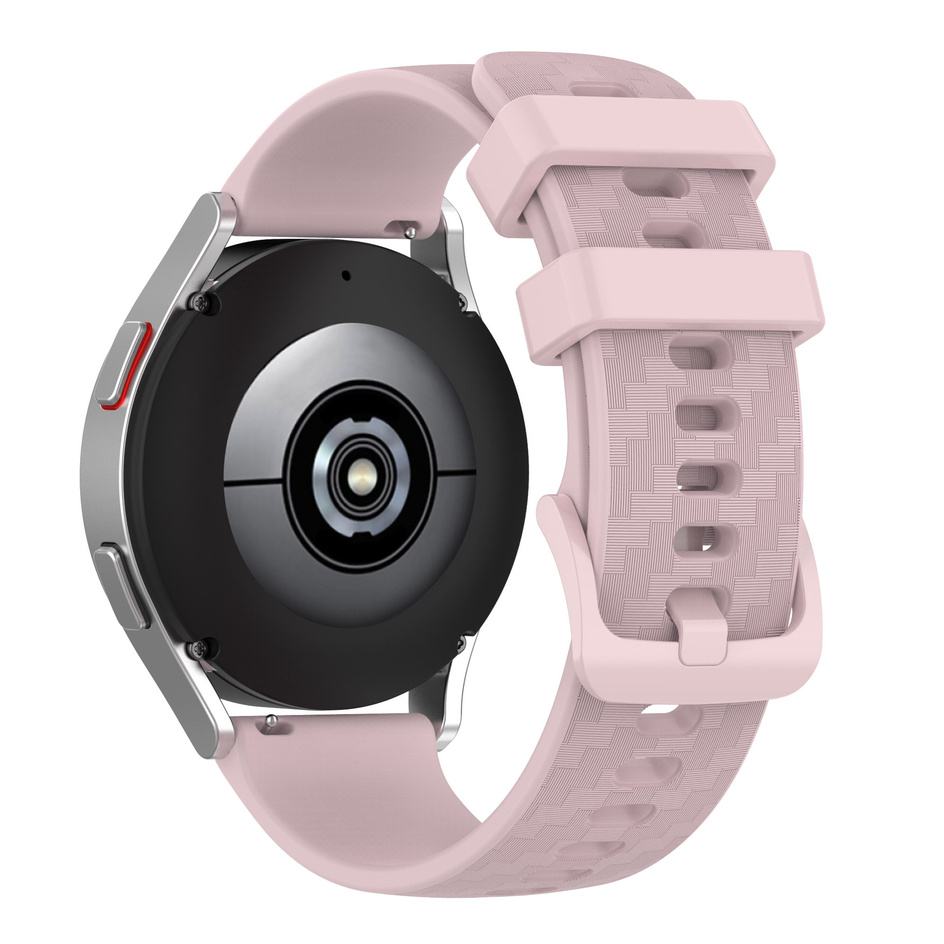 Rosa Smartwatch mit silbernem Rand und rosa Armband, Rückansicht. Weißer Hintergrund.