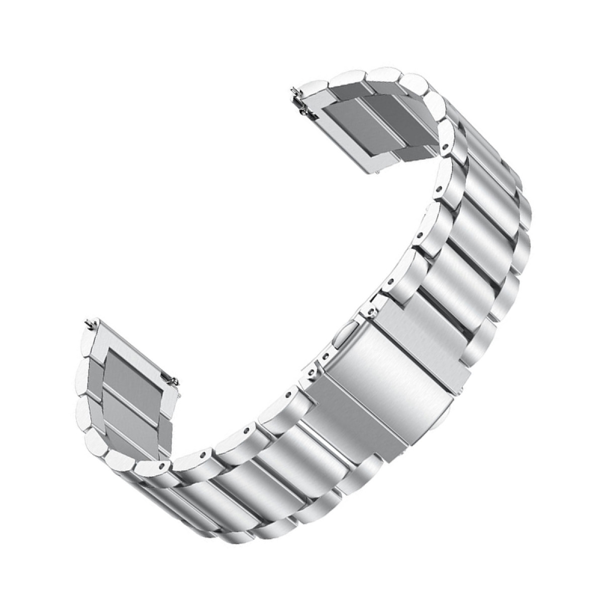 Cinturino argentato per orologio con maglie metalliche. Sfondo bianco.
