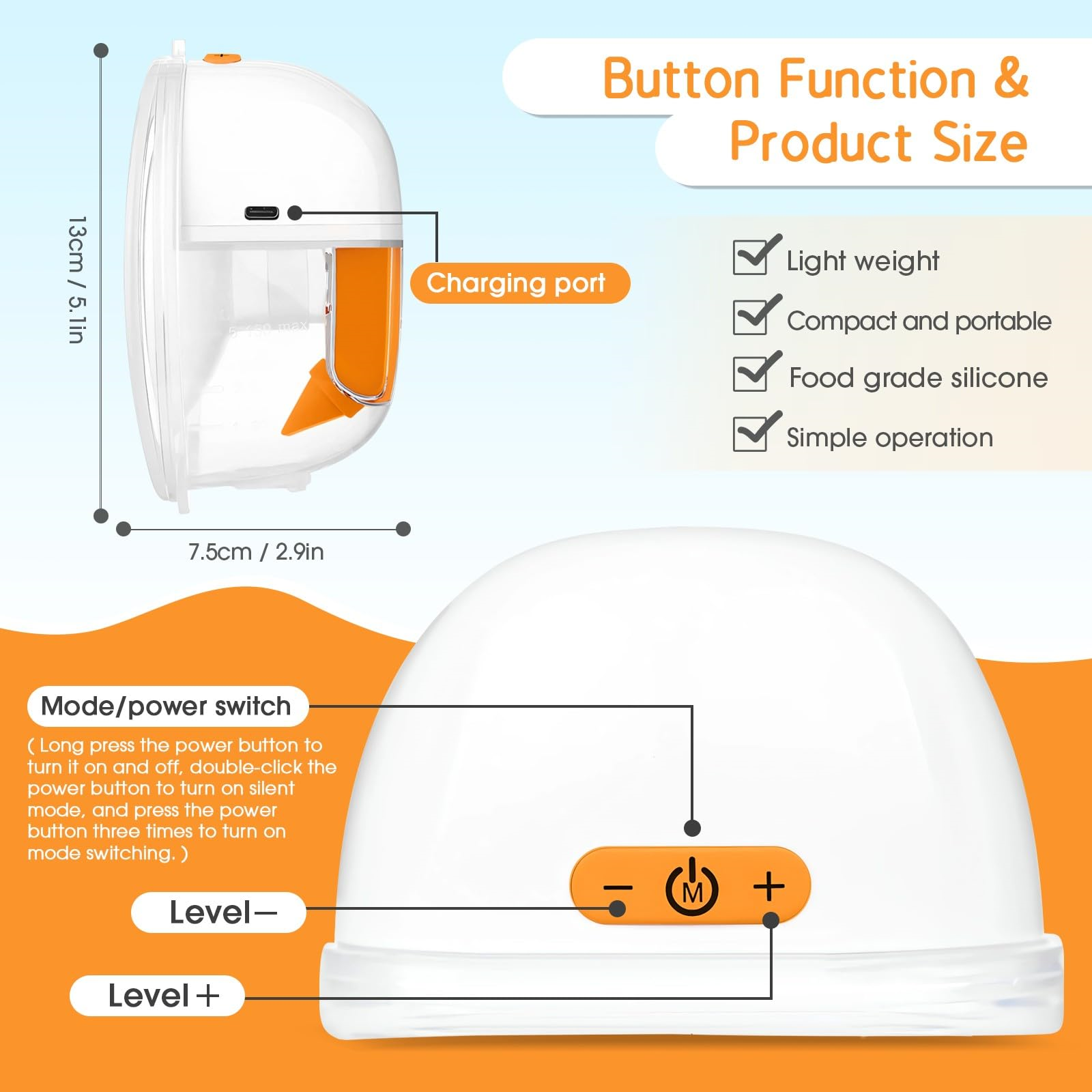 Weiße Brustpumpe mit orangen Details. Abmessungen und Tastenfunktionen sind angegeben. Weißer Hintergrund.