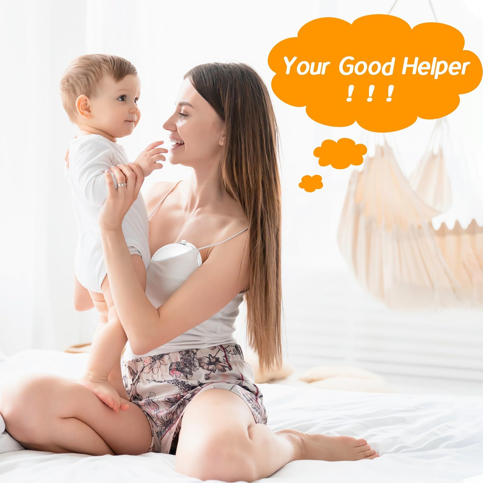 Eine Frau hält ein Baby, mit einer Sprechblase mit der Aufschrift "Ihr guter Helfer".