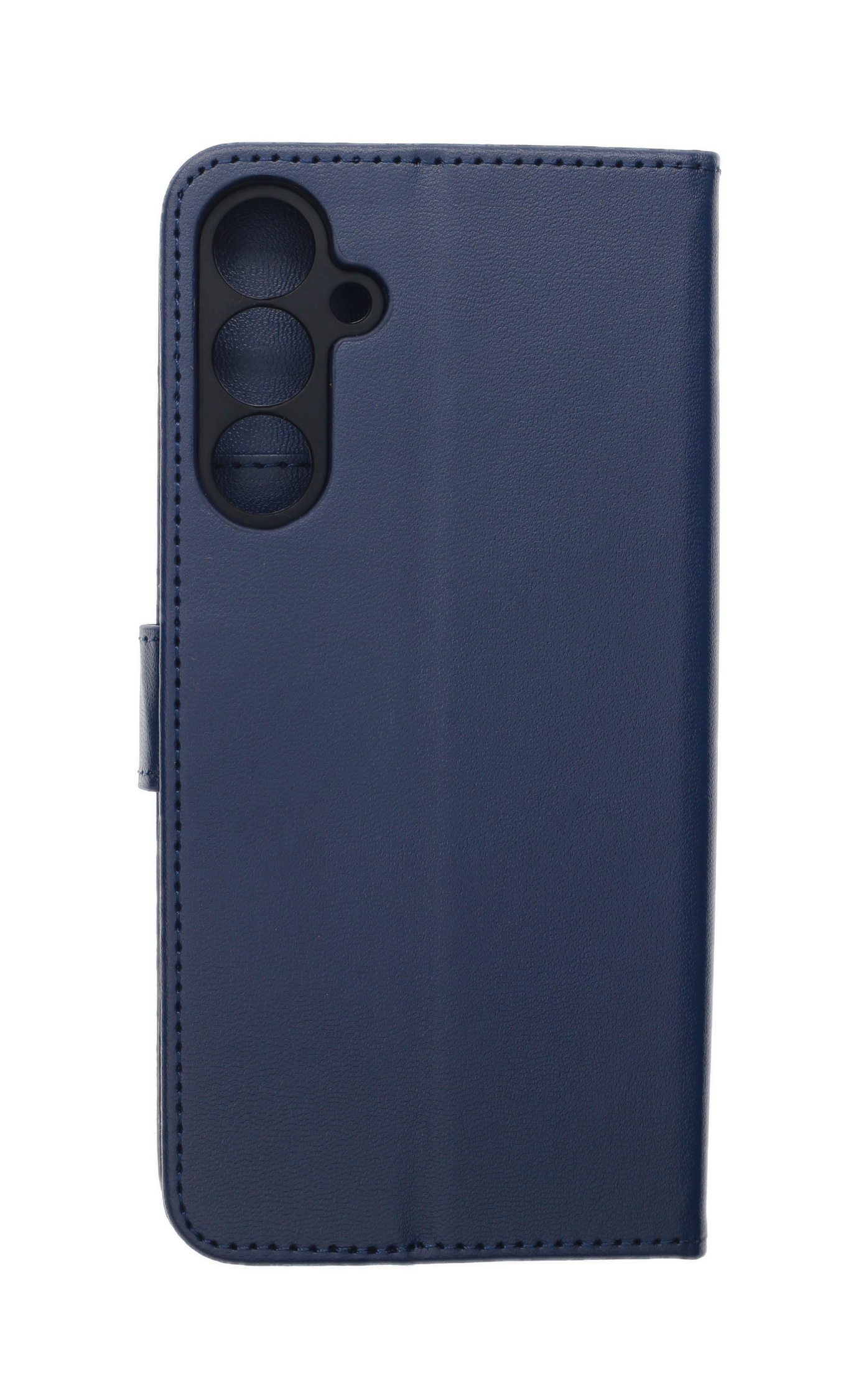 Eine marineblaue Leder-Handyhülle mit drei Kameraausschnitten und einem Magnetverschluss.