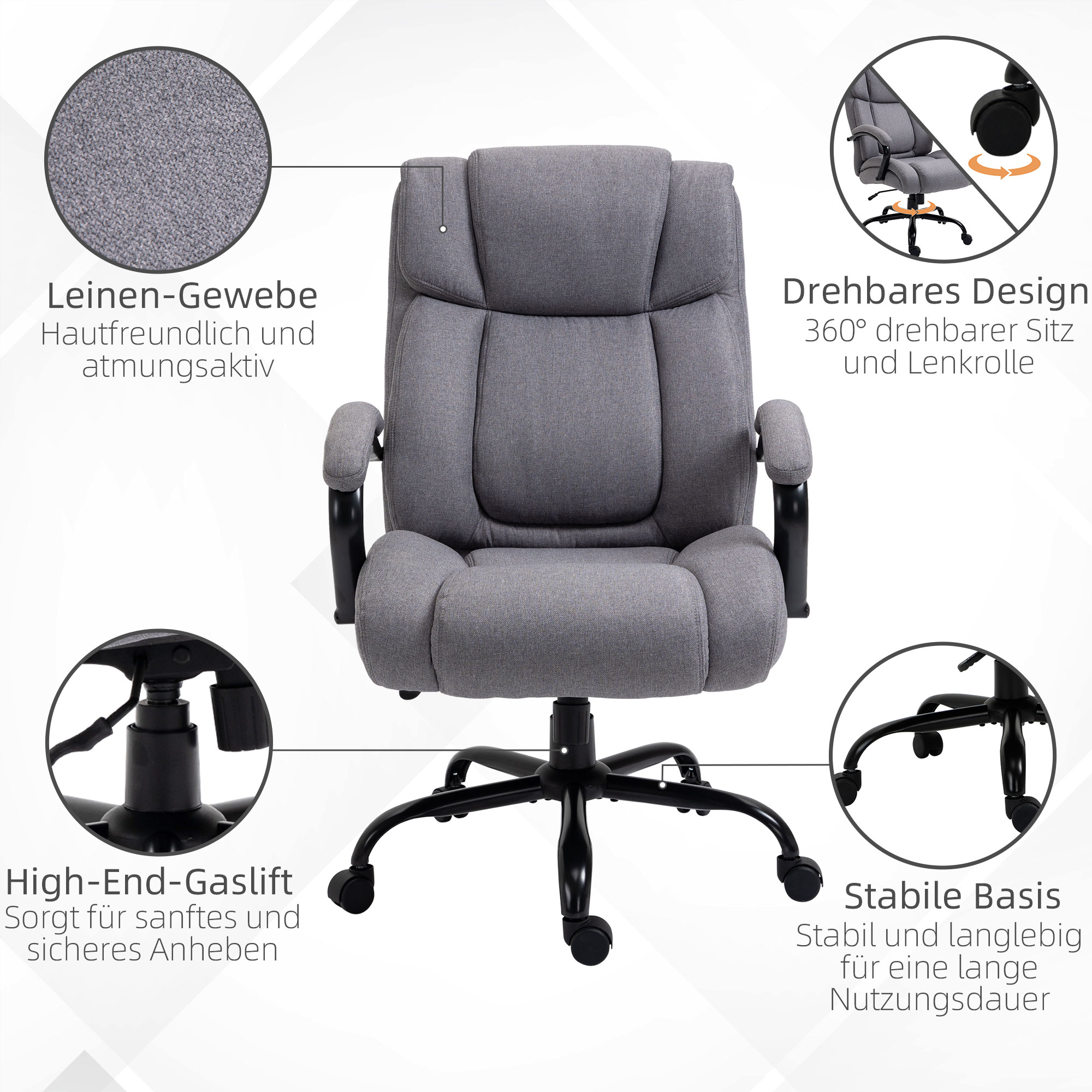 Grauer Bürostuhl mit hervorgehobenen Merkmalen: Stoff, Drehdesign und Basis.