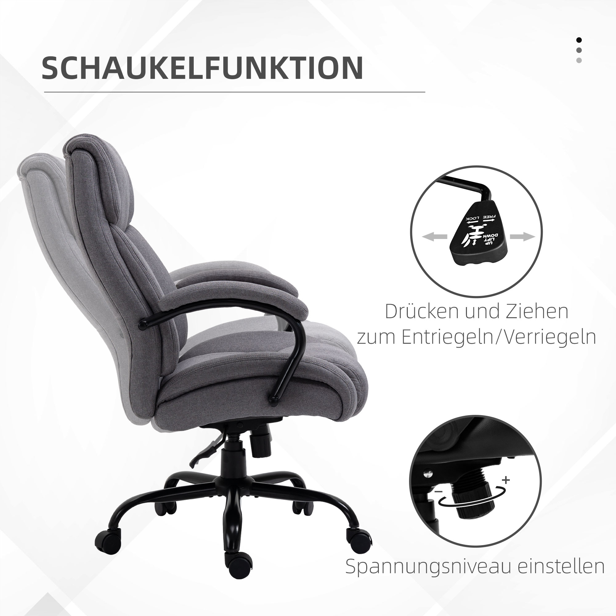 Grauer Bürostuhl mit Kopfstütze, schwarzem Fuß, Bedienelementen, Text Schaukelfunktion.