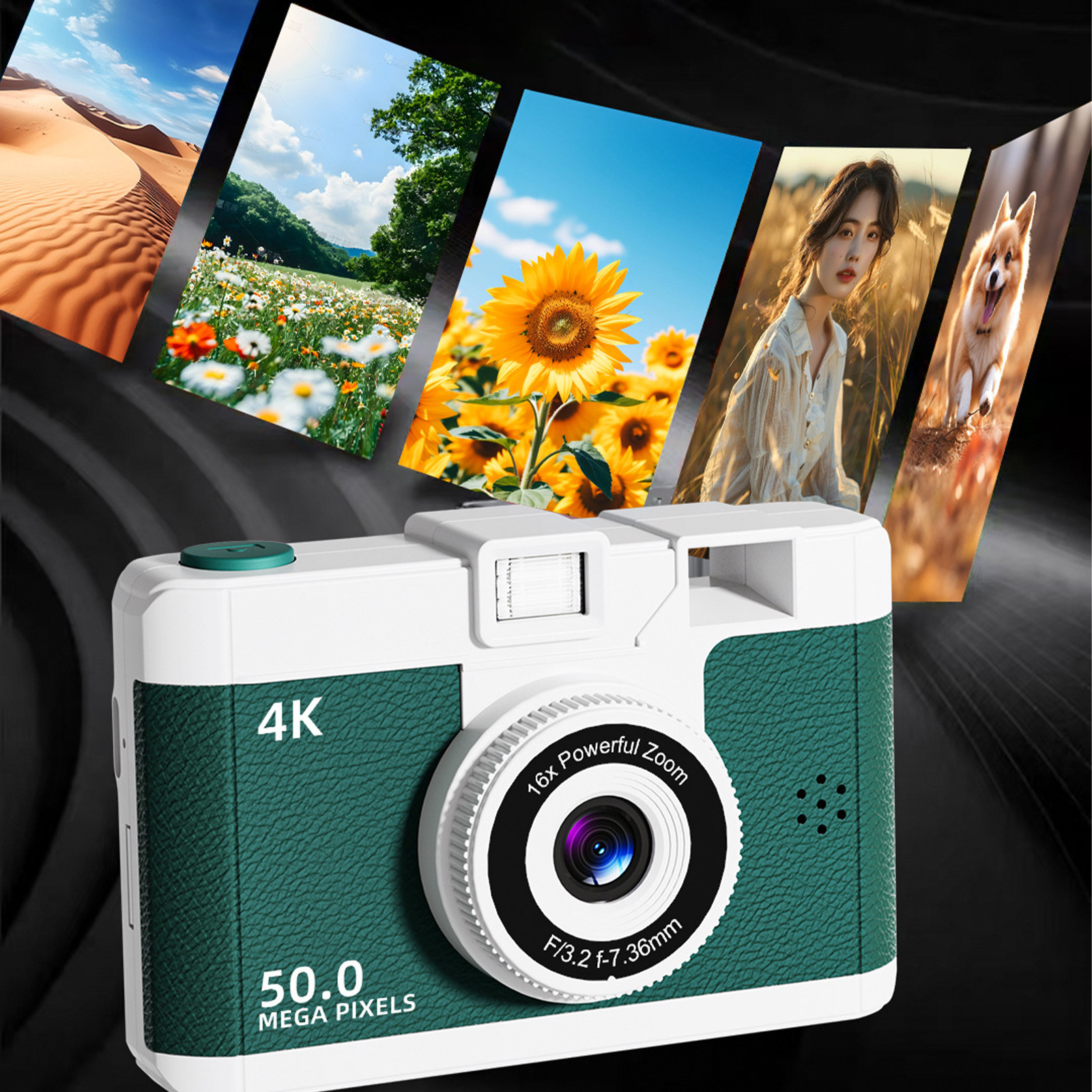 Kamera mit 4K, 50,0 MP. Sechs Bilder von Natur im Hintergrund: Dünen, Blumen, Sonnenblumen, eine Frau und ein Hund.