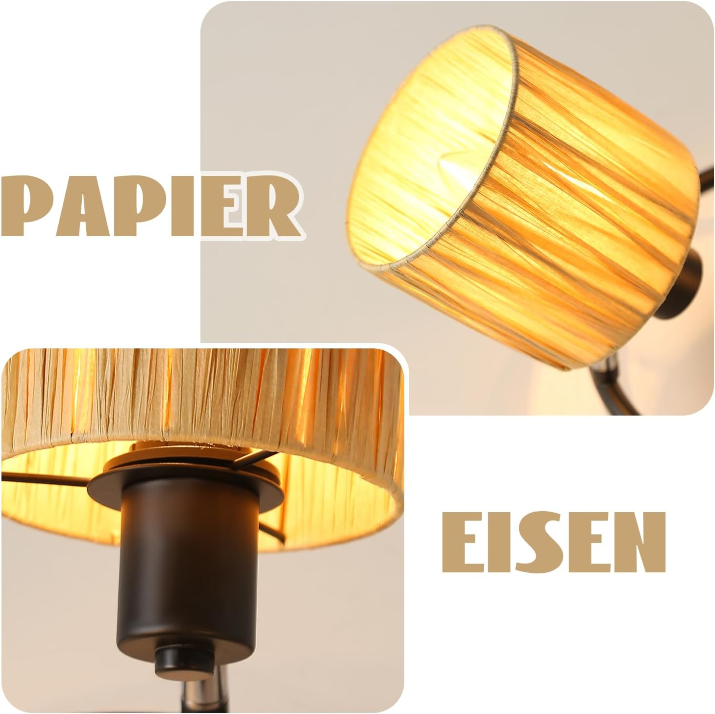 Zbliżenie lampy z papierowym abażurem i czarną podstawą.